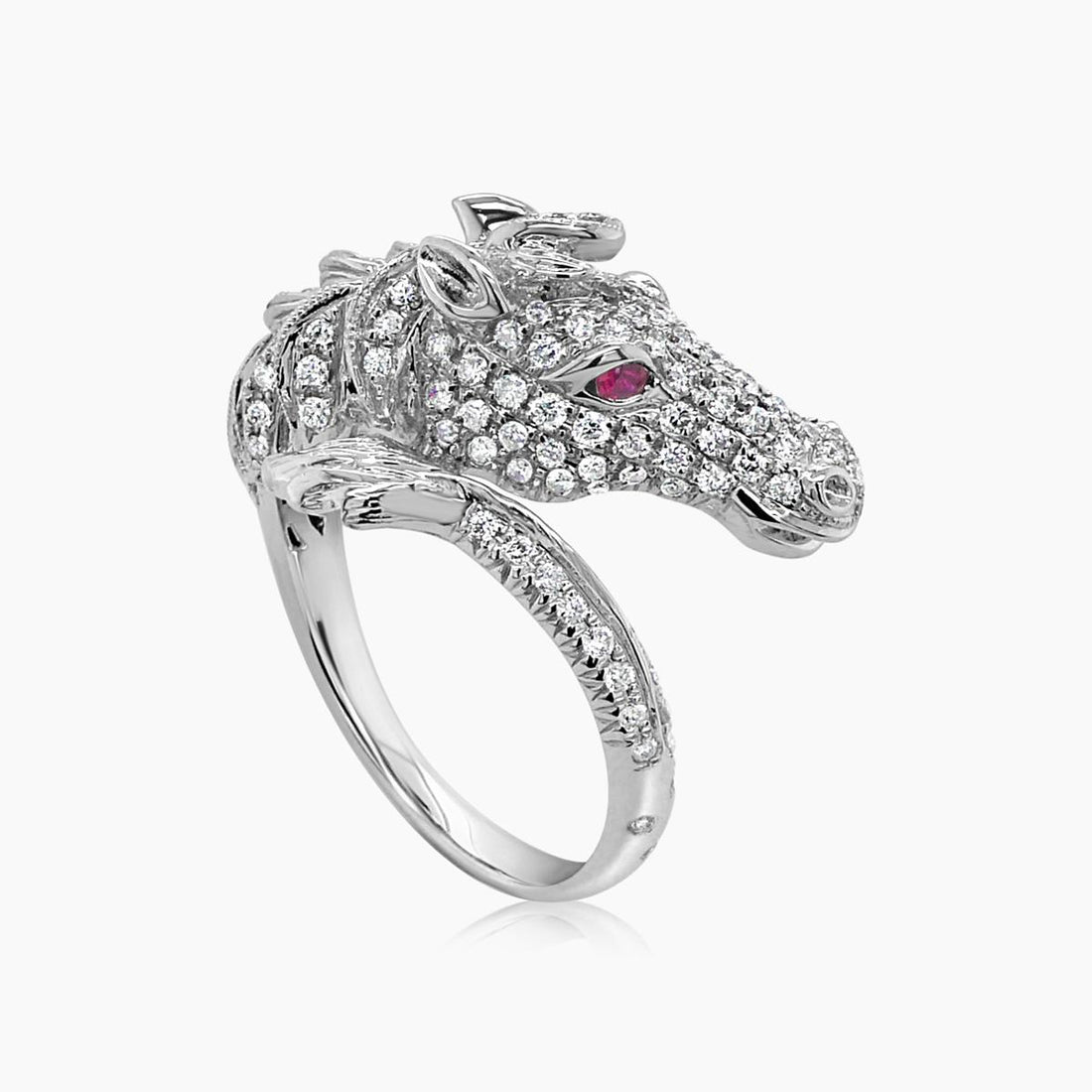 Horse Stallion Pony Diamond Pave & Ruby 18K White Gold Ring
