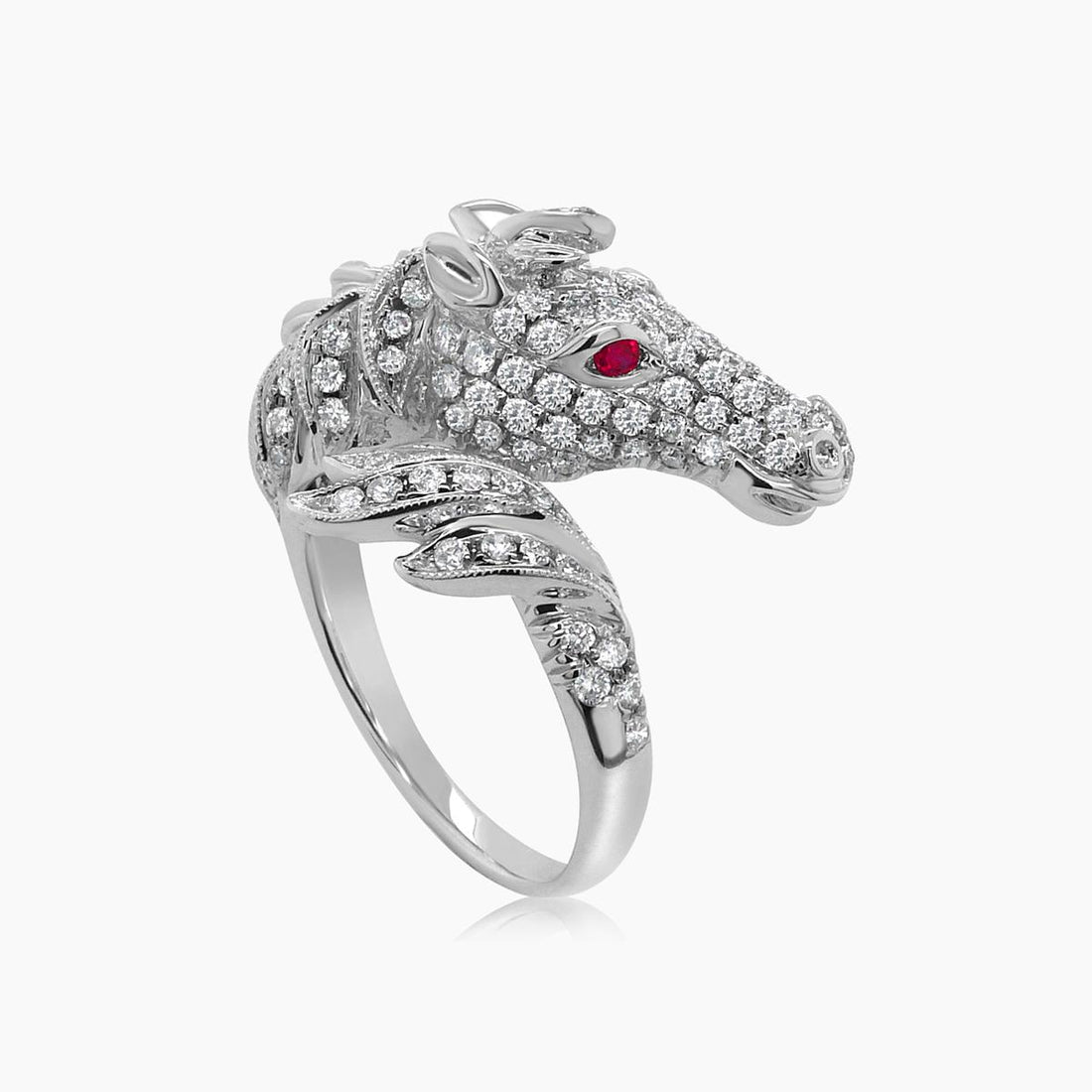 Horse Stallion Pony Diamond Pave & Ruby 18K White Gold Ring