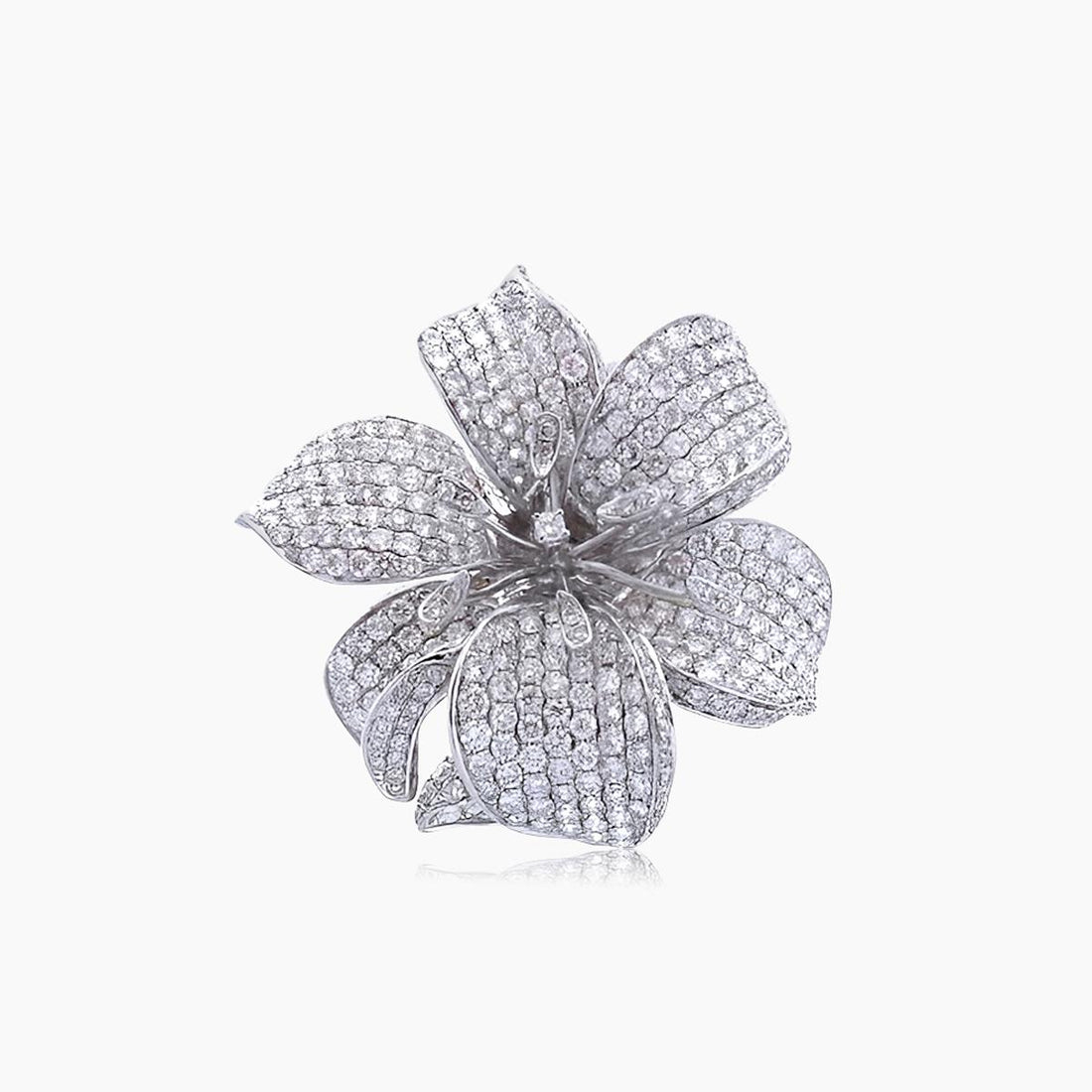 White Diamond Pave Set Lilly Flower Floral 18K White Gold Ring