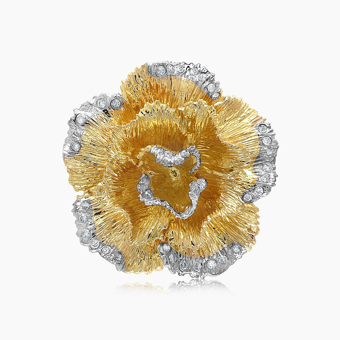 White Diamond Pave Set Lilly Flower Floral 18K White & Yellow Gold Ring