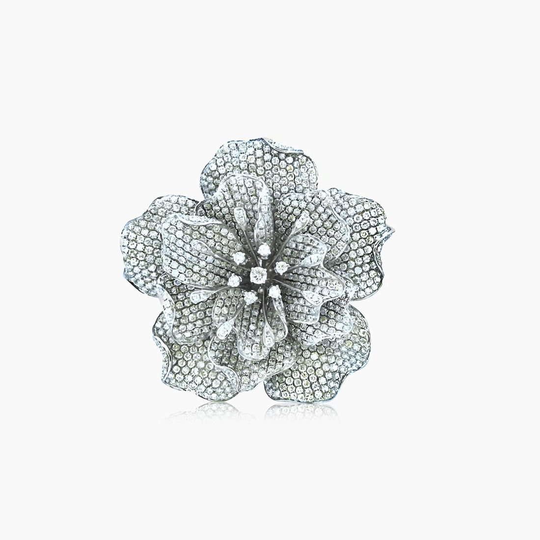 White Diamond Pave Set Lilly Flower Floral 18K White Gold Ring