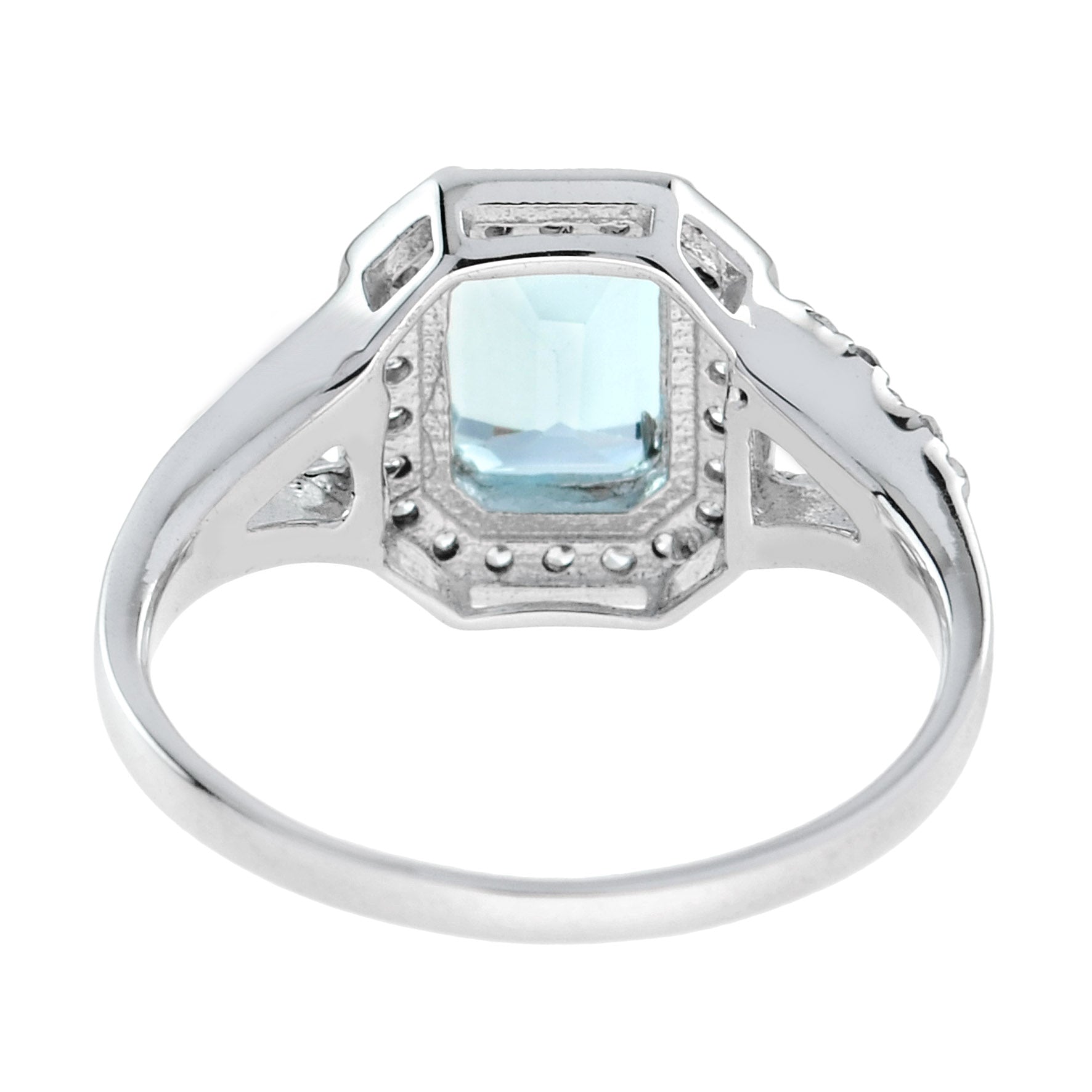 Split Shank Rectangle Emerald Cut Blue Aquamarine 14K White Gold Diamond Ring