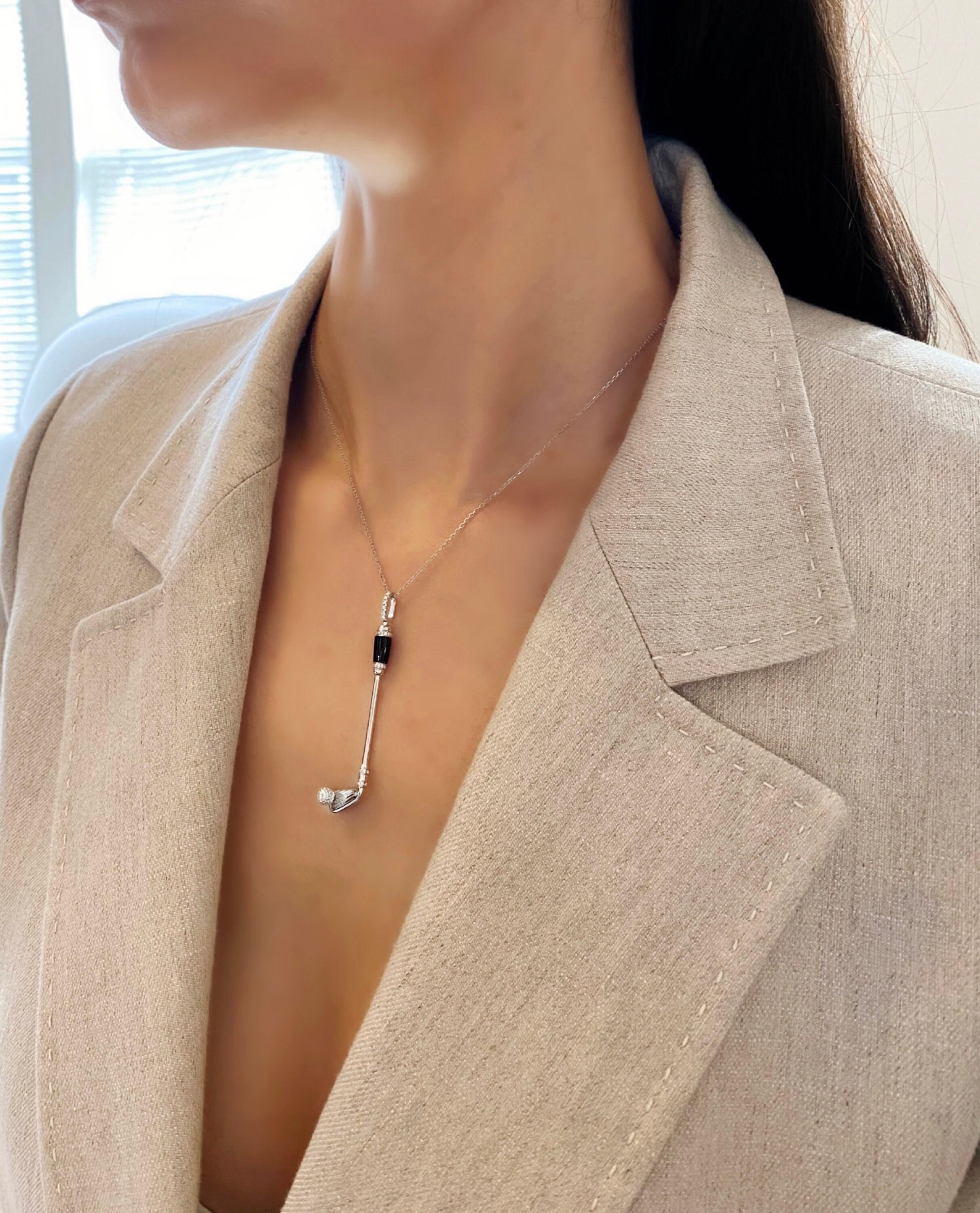 Diamond Black Onyx Golf Club Birdie Jewelry 18 Karat White Gold Charm Pendant Ne