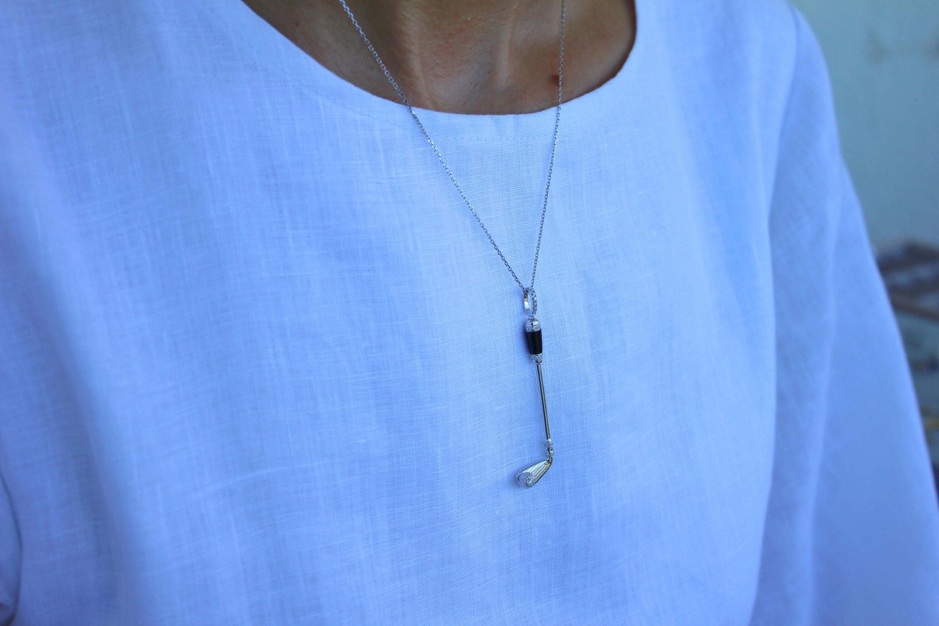 Diamond Black Onyx Golf Club Birdie Jewelry 18 Karat White Gold Charm Pendant Ne