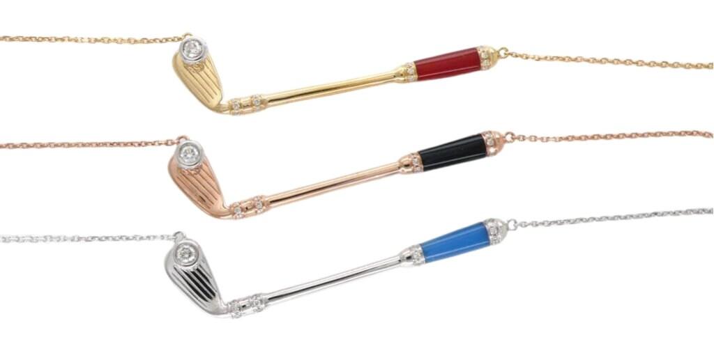 Diamond Blue Agate Golf Club Birdie Jewelry 18 Karat White Gold Charm Pendant Ne