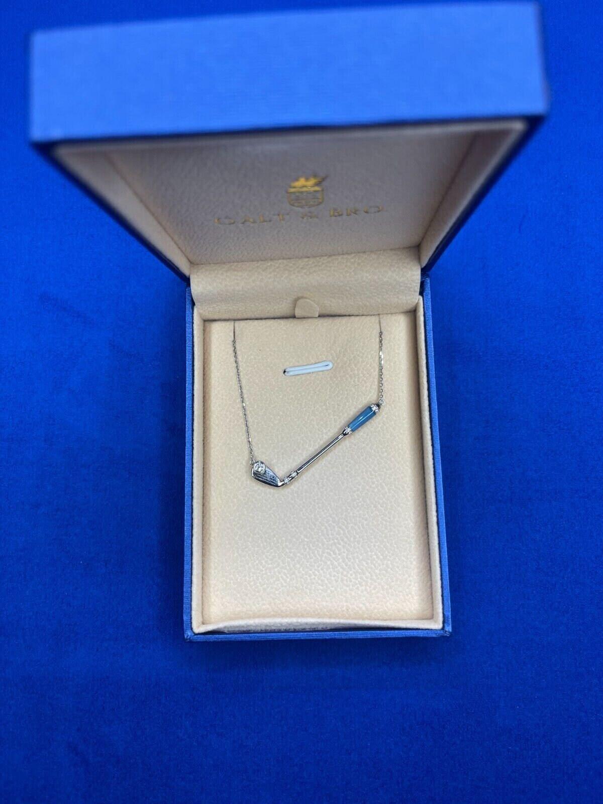 Diamond Blue Agate Golf Club Birdie Jewelry 18 Karat White Gold Charm Pendant Ne