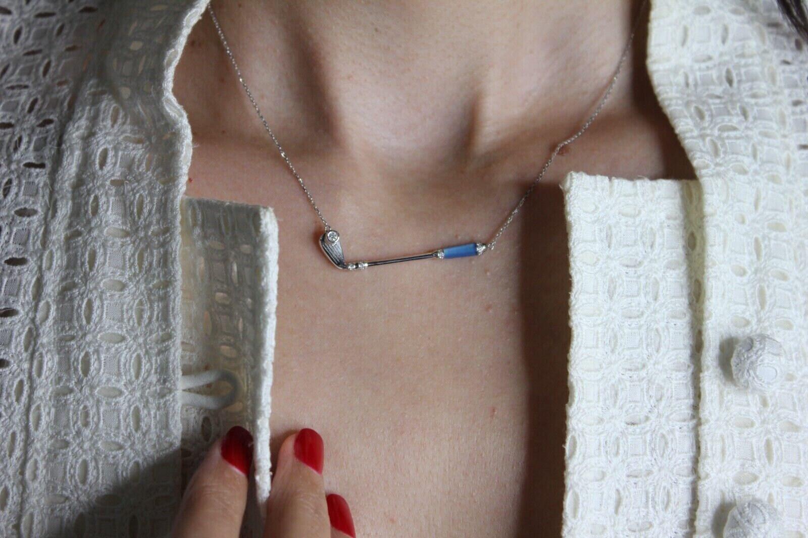 Diamond Blue Agate Golf Club Birdie Jewelry 18 Karat White Gold Charm Pendant Ne