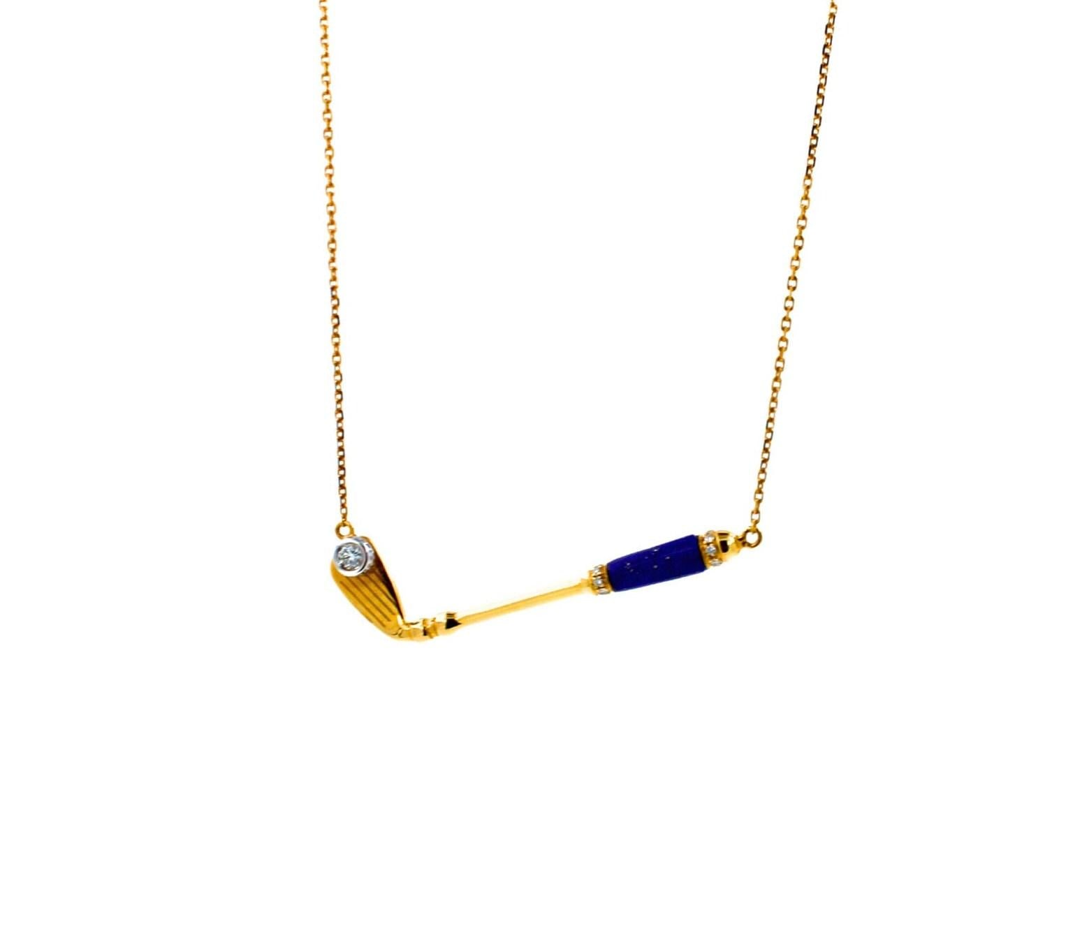 Diamond Blue Lapis Lazuli Golf Club Birdie Jewelry 18 Karat Yellow Gold Charm Pe