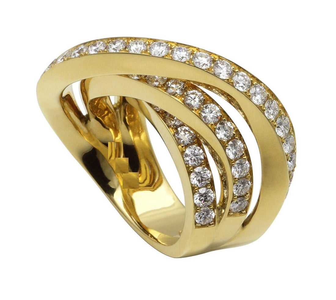 Diamond Channel Geometric Wave Curve Statement Unique 18 Karat Yellow Gold Ring