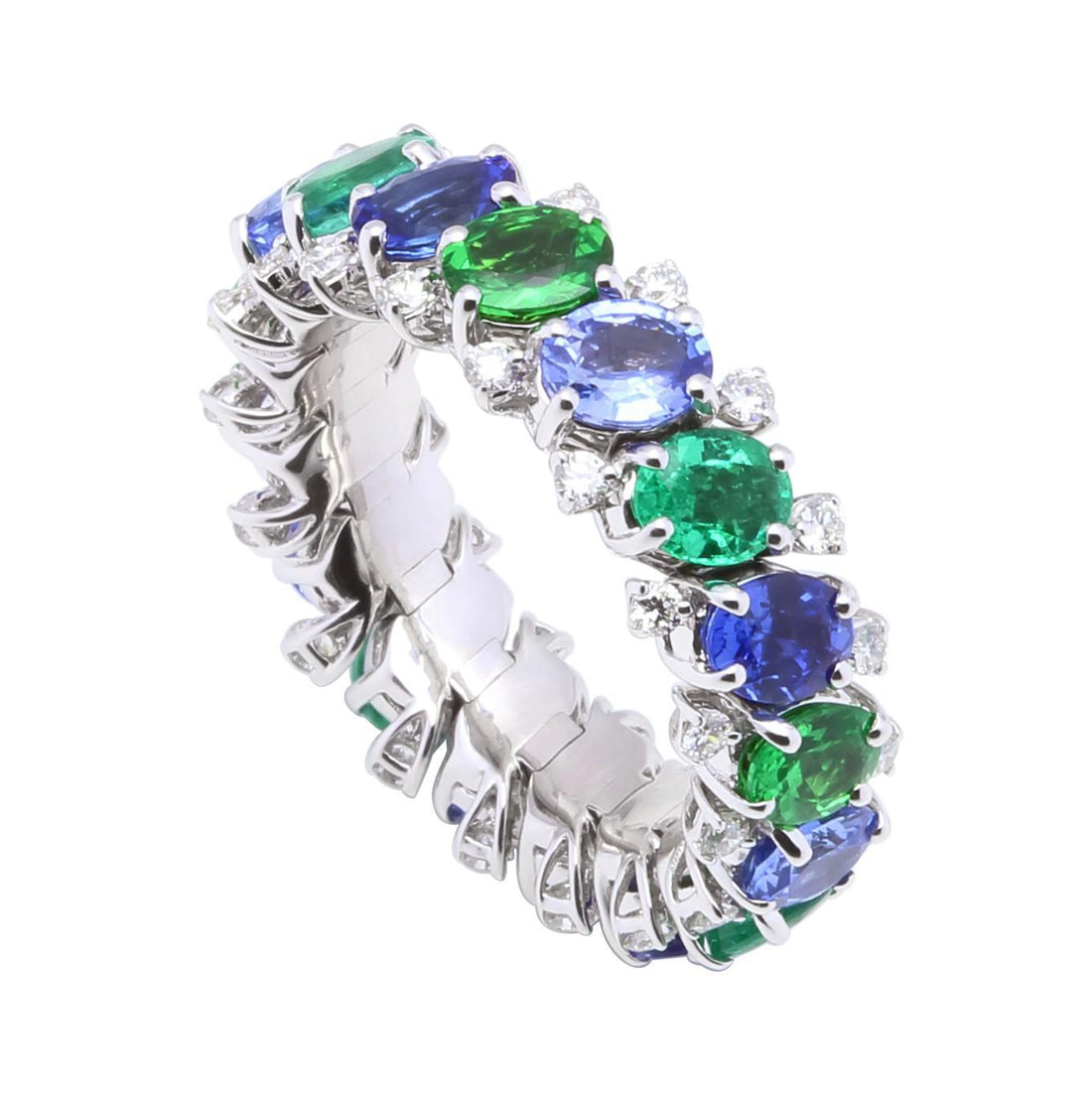 Diamond Emerald Sapphire Tsavorite Flexible Unique Eternity Band White Gold Ring