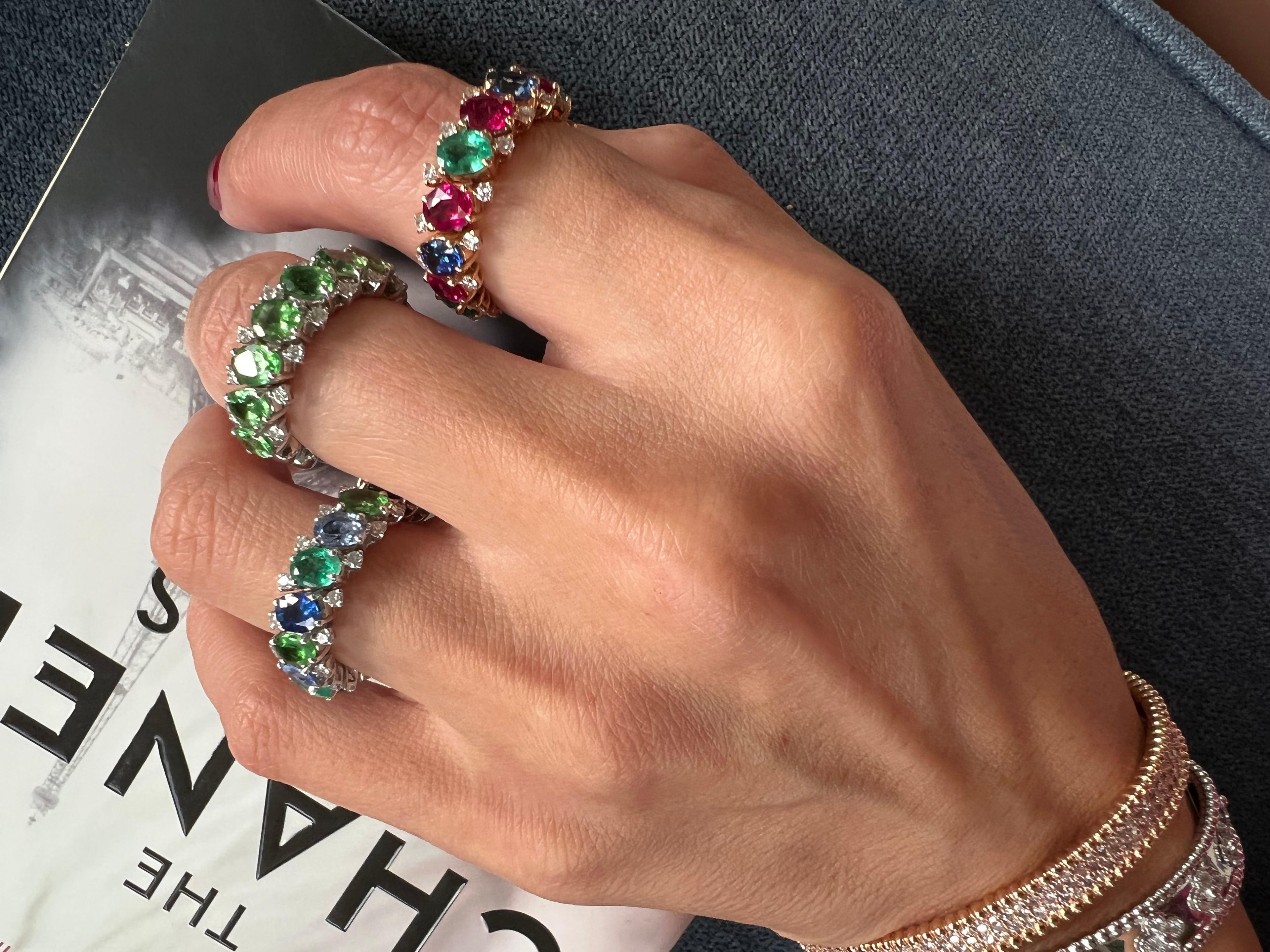 Diamond Emerald Sapphire Tsavorite Flexible Unique Eternity Band White Gold Ring