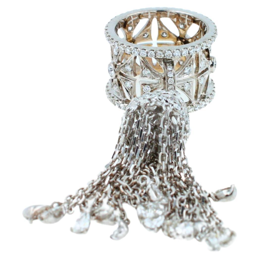 Diamond Fashion Pave Tassel Chains Geometric Crown Drop 18 Karat White Gold Ring