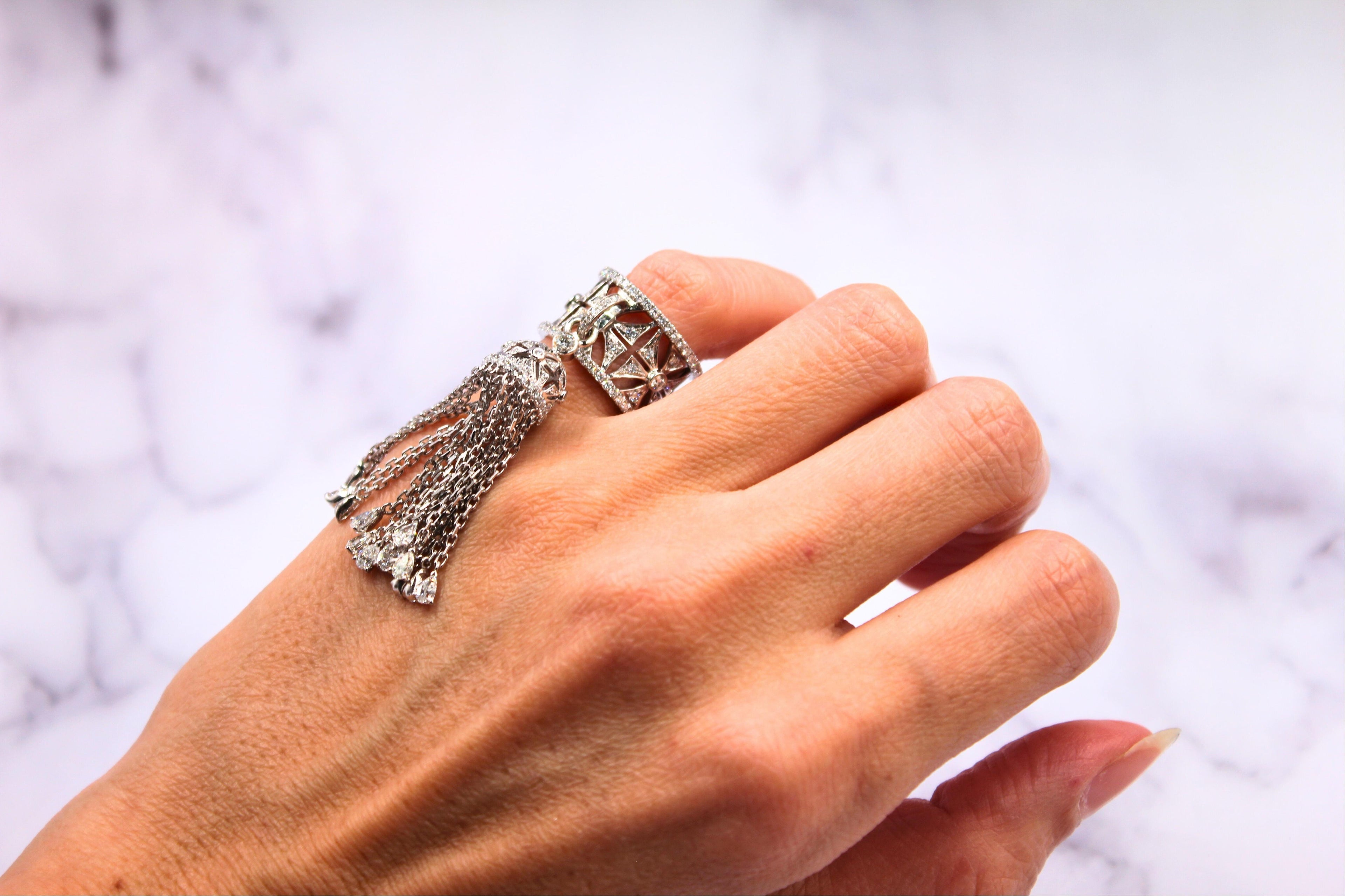 Diamond Fashion Pave Tassel Chains Geometric Crown Drop 18 Karat White Gold Ring