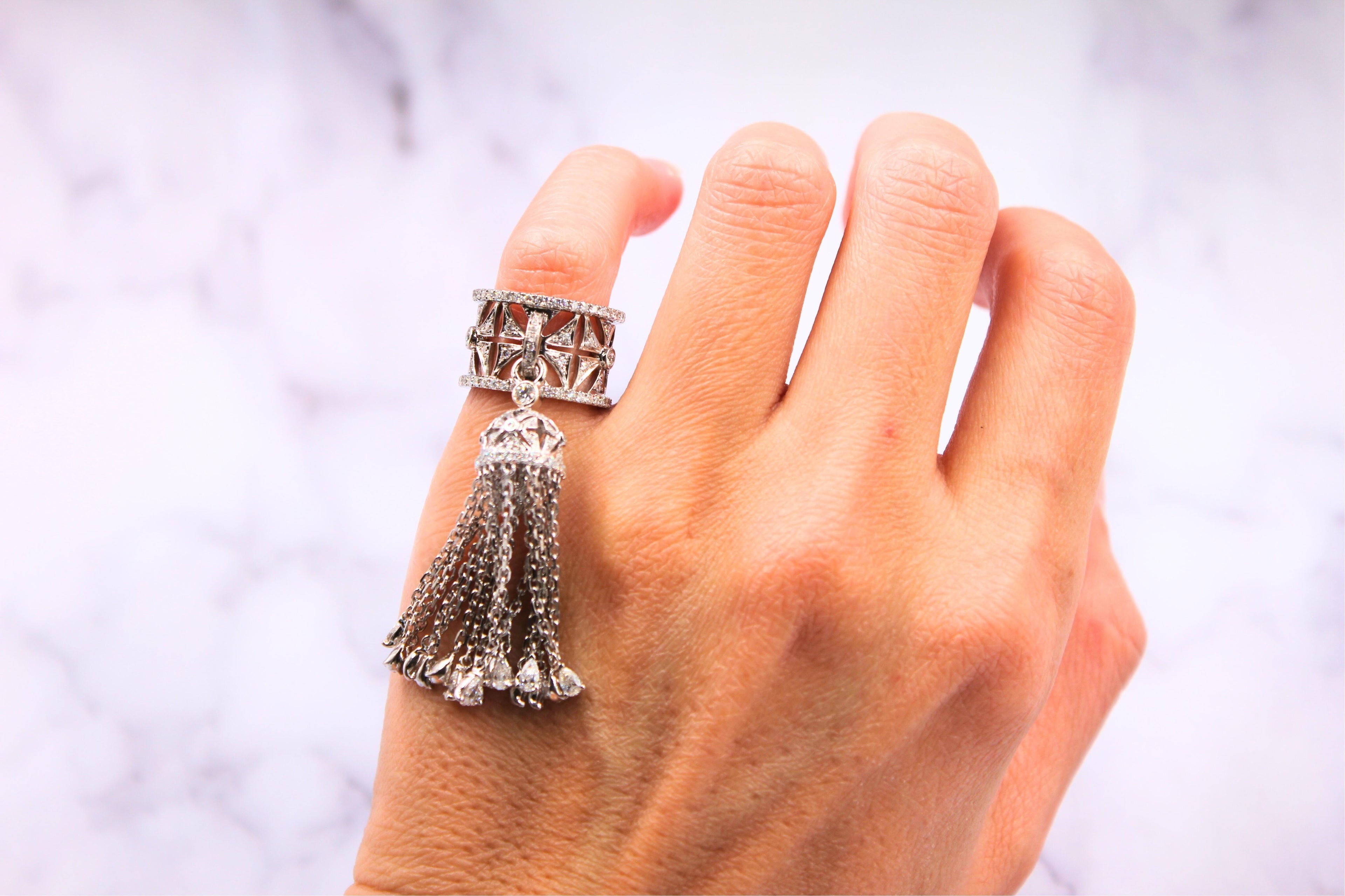 Diamond Fashion Pave Tassel Chains Geometric Crown Drop 18 Karat White Gold Ring