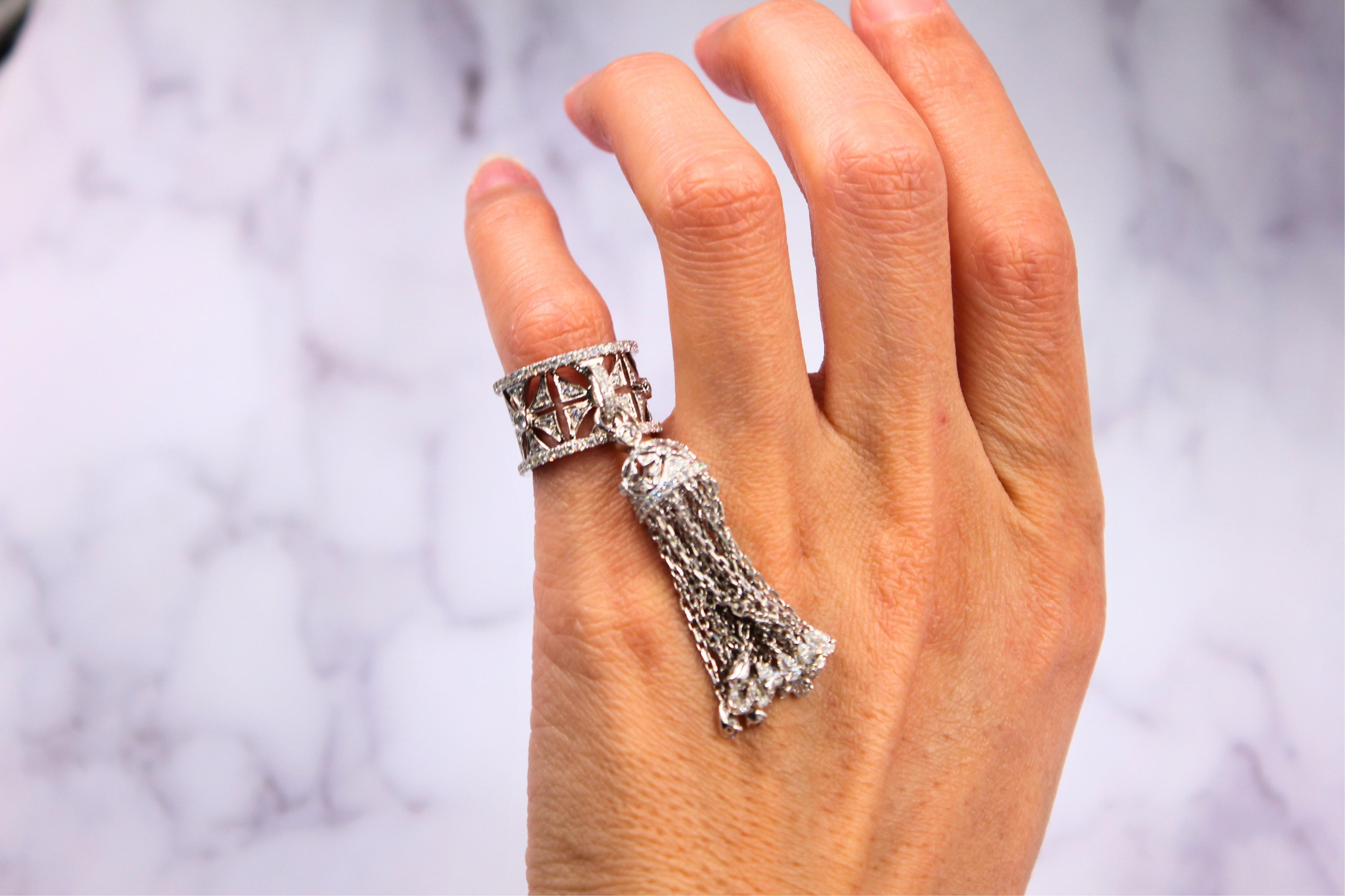 Diamond Fashion Pave Tassel Chains Geometric Crown Drop 18 Karat White Gold Ring