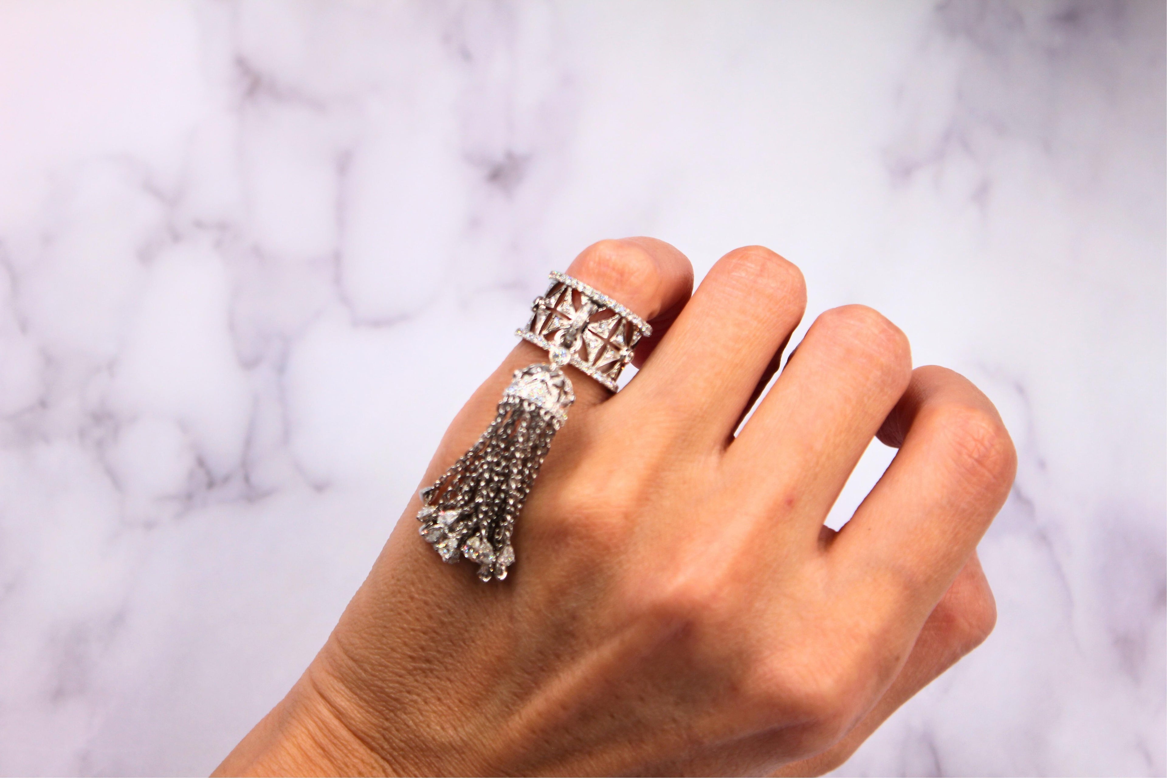 Diamond Fashion Pave Tassel Chains Geometric Crown Drop 18 Karat White Gold Ring