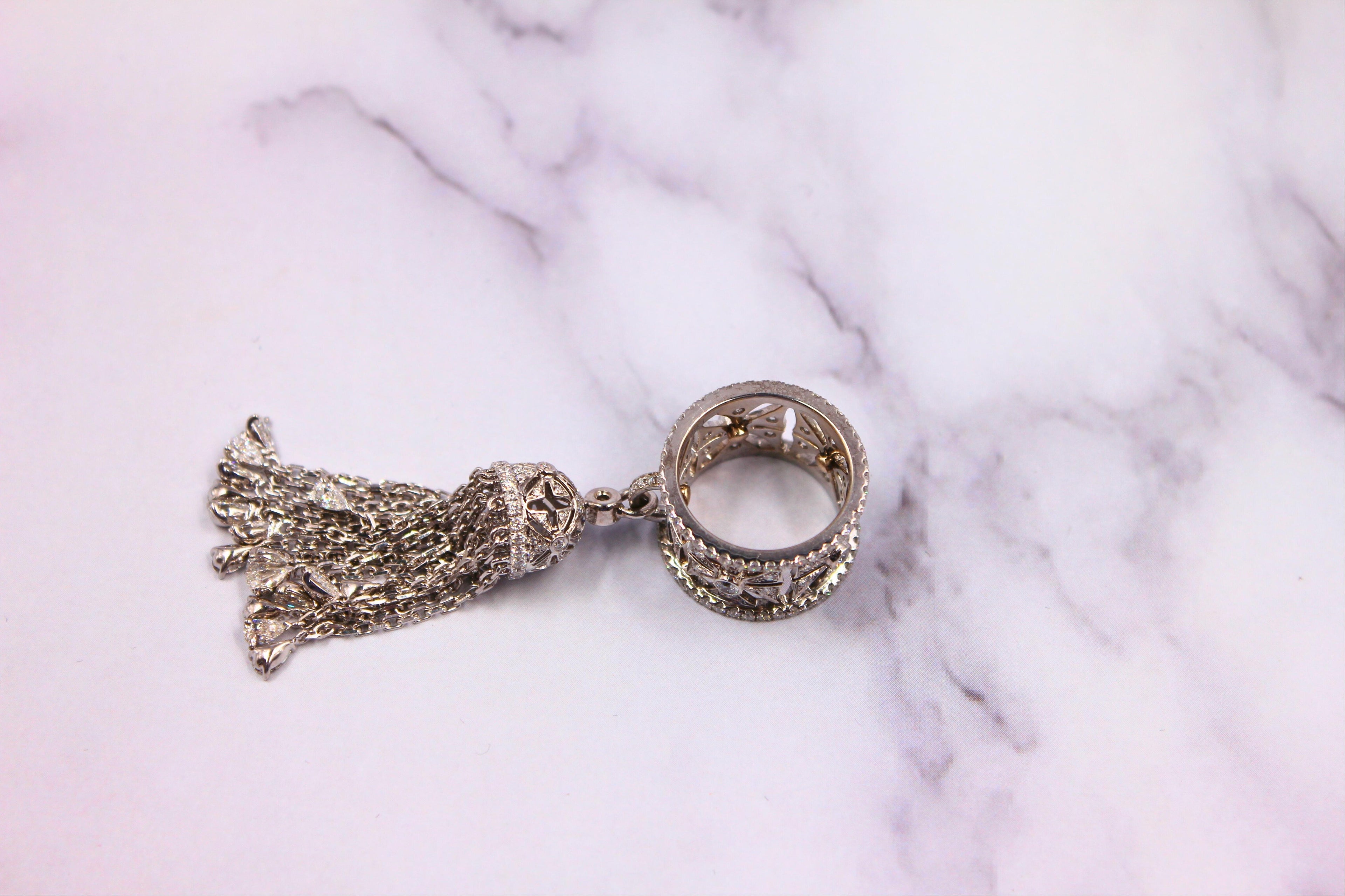 Diamond Fashion Pave Tassel Chains Geometric Crown Drop 18 Karat White Gold Ring