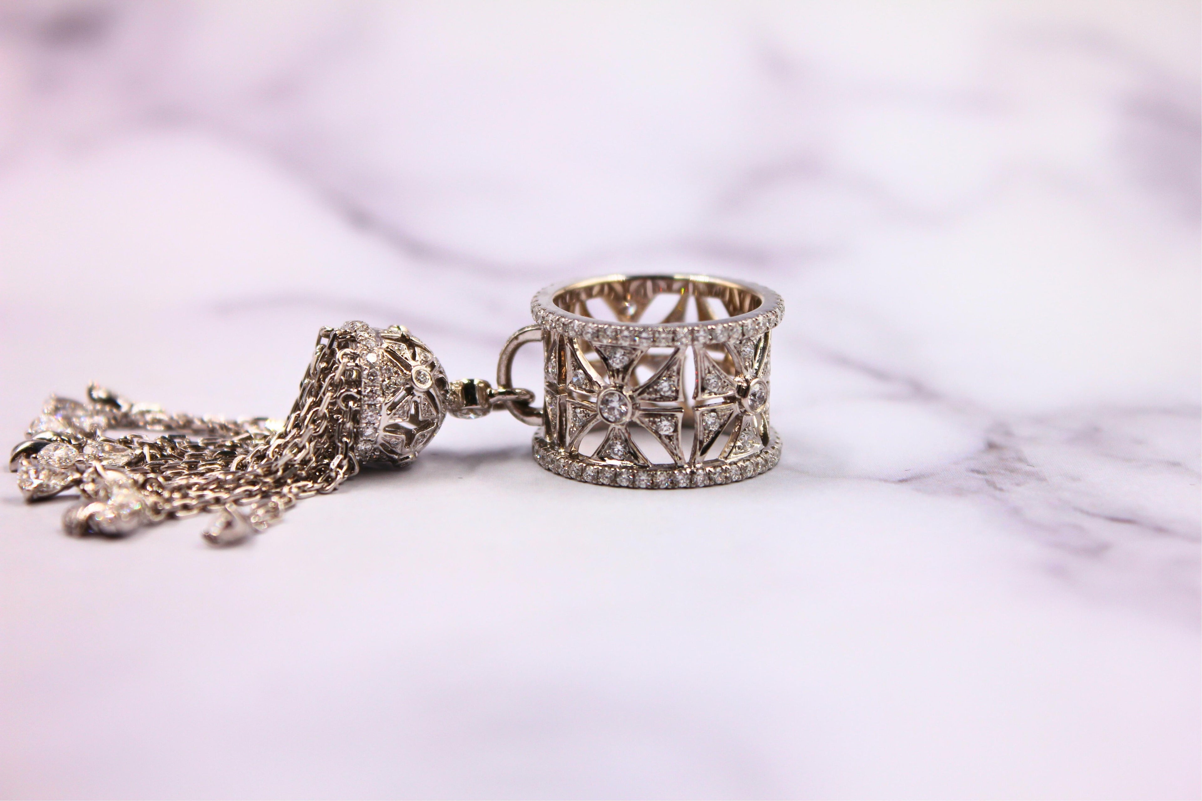 Diamond Fashion Pave Tassel Chains Geometric Crown Drop 18 Karat White Gold Ring