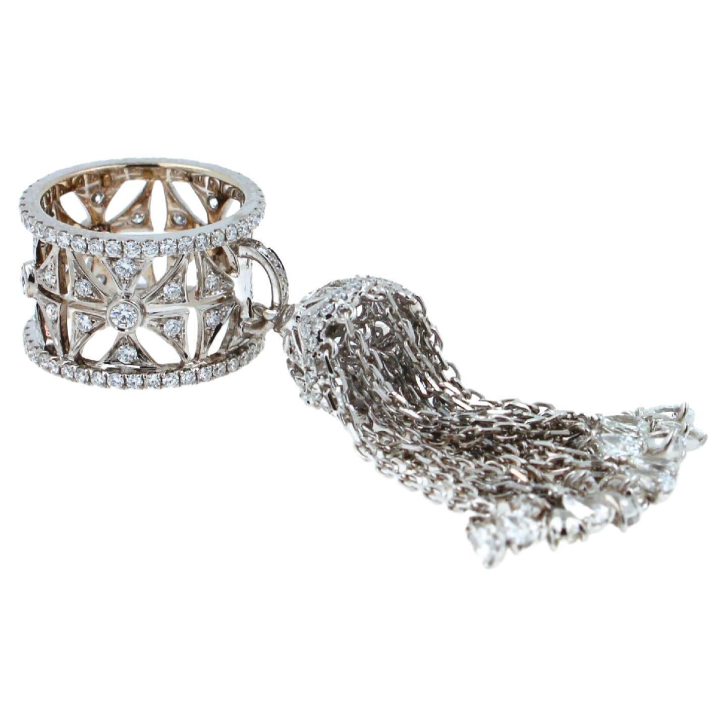 Diamond Fashion Pave Tassel Chains Geometric Crown Drop 18 Karat White Gold Ring