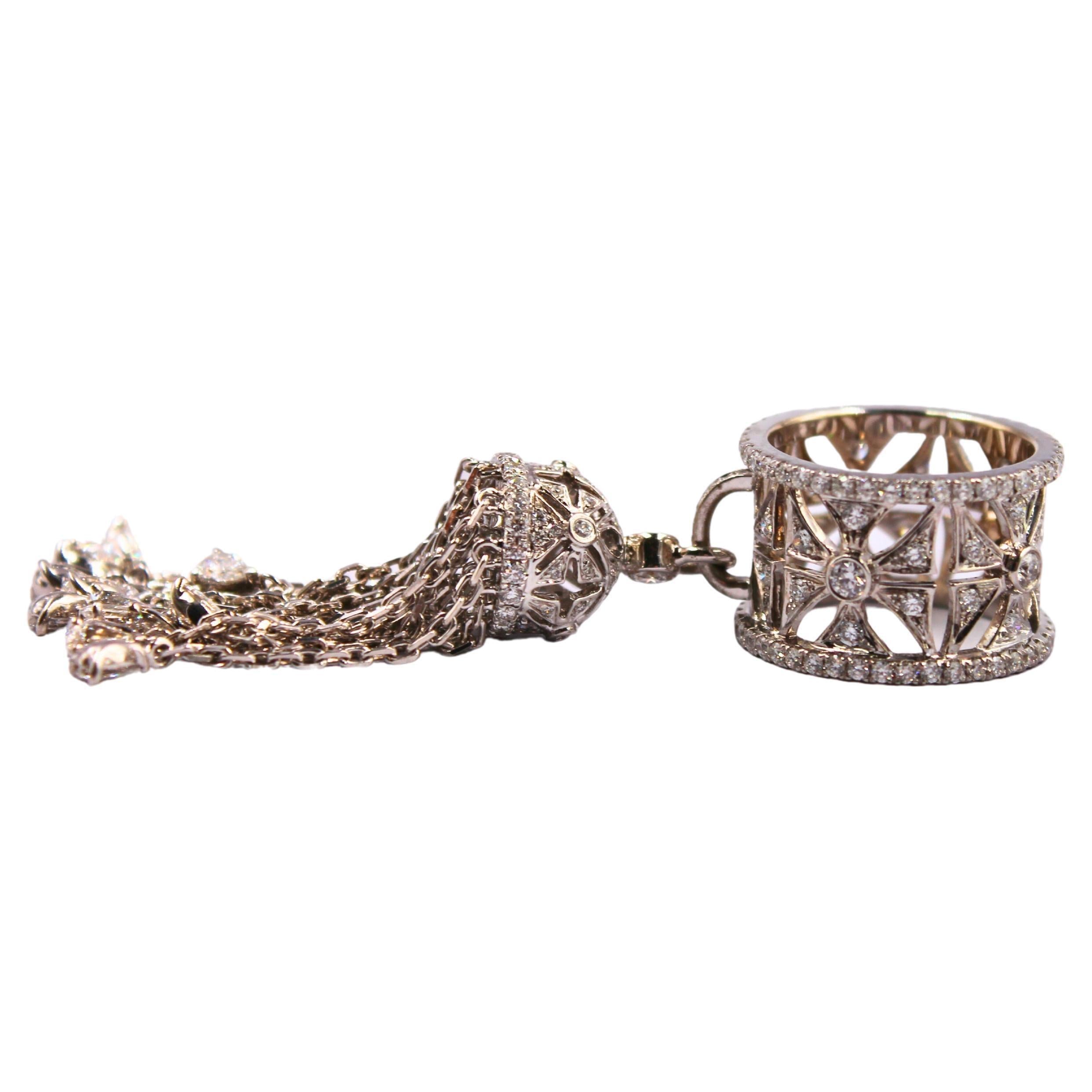 Diamond Fashion Pave Tassel Chains Geometric Crown Drop 18 Karat White Gold Ring