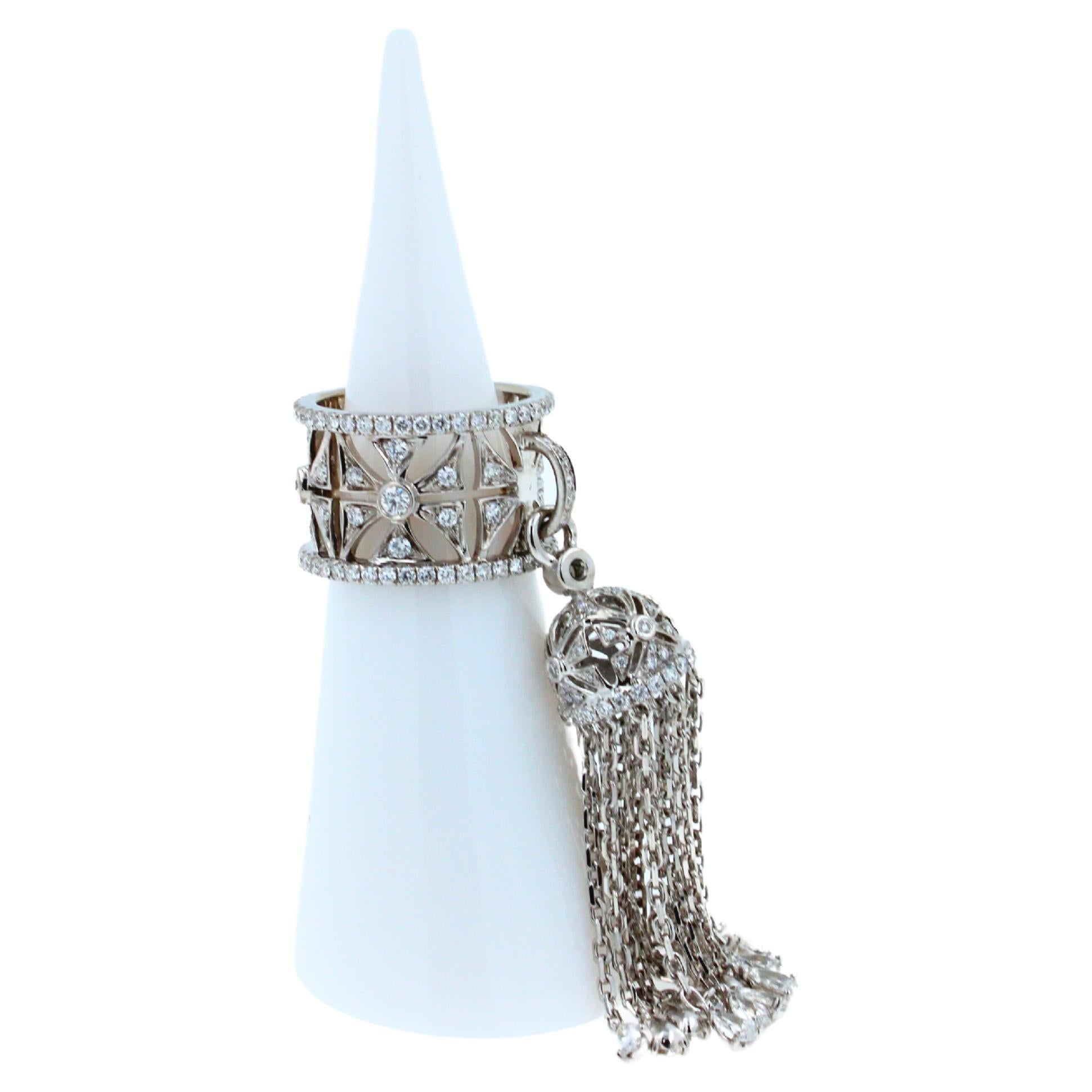 Diamond Fashion Pave Tassel Chains Geometric Crown Drop 18 Karat White Gold Ring