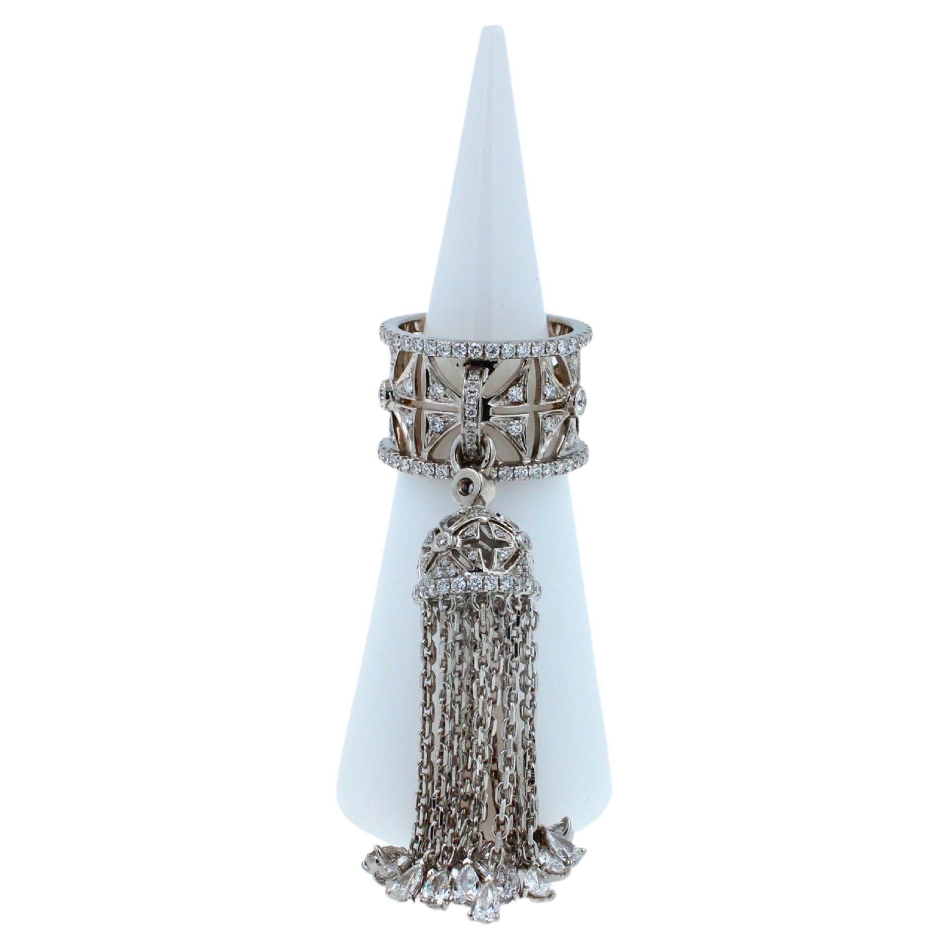 Diamond Fashion Pave Tassel Chains Geometric Crown Drop 18 Karat White Gold Ring