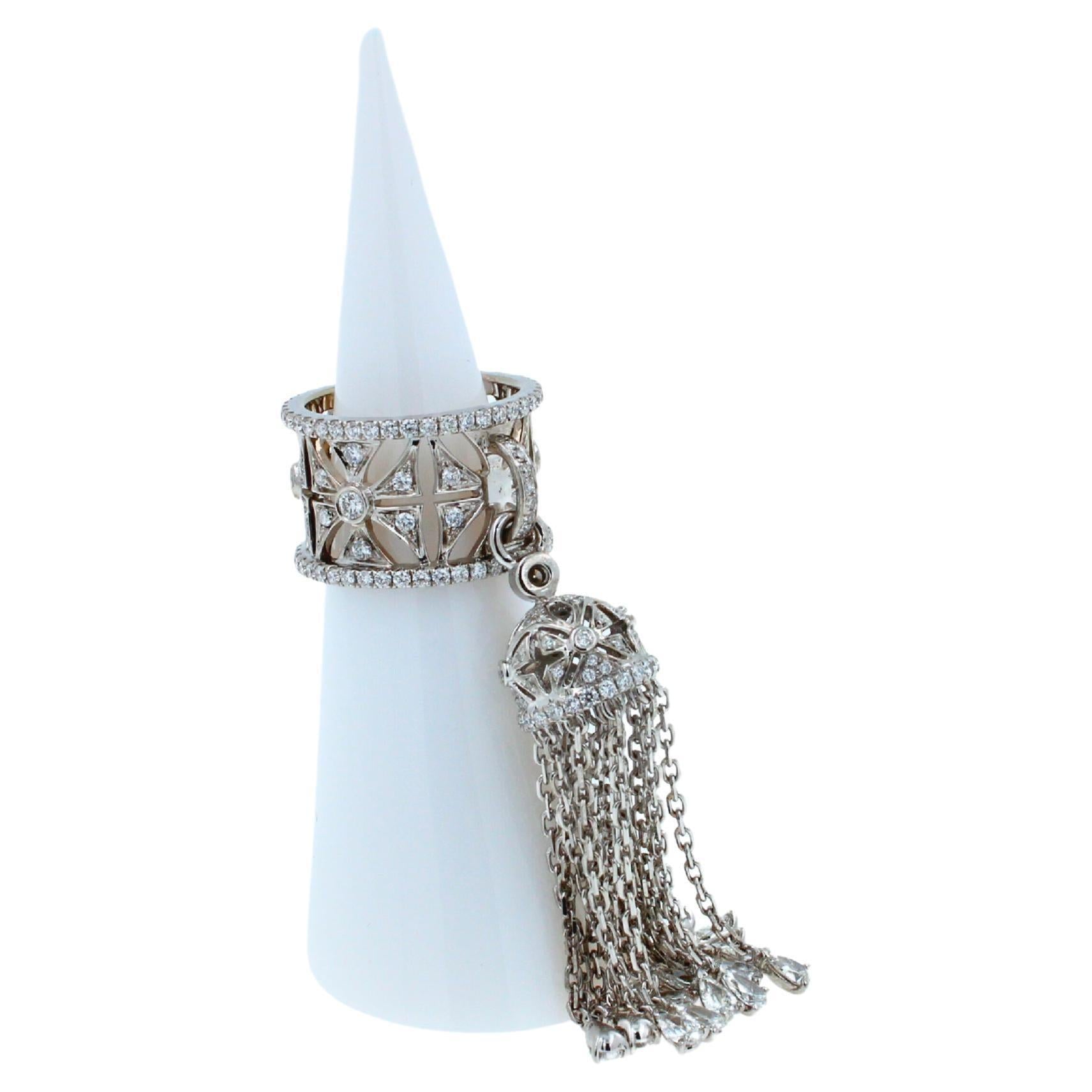 Diamond Fashion Pave Tassel Chains Geometric Crown Drop 18 Karat White Gold Ring