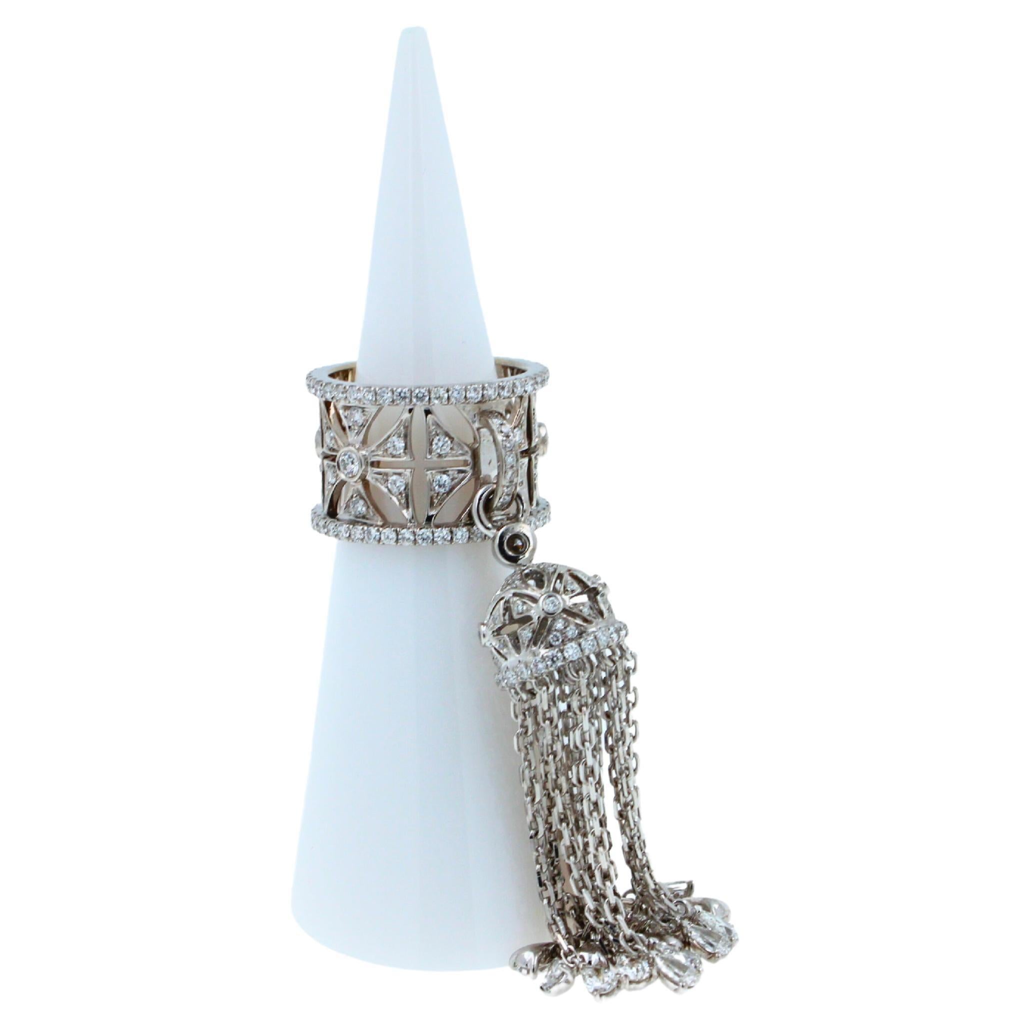 Diamond Fashion Pave Tassel Chains Geometric Crown Drop 18 Karat White Gold Ring
