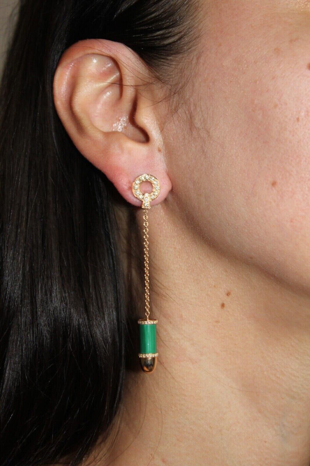 Diamond Green Malachite Bullet 18 Karat Rose Gold Circle Drop Chain Earring