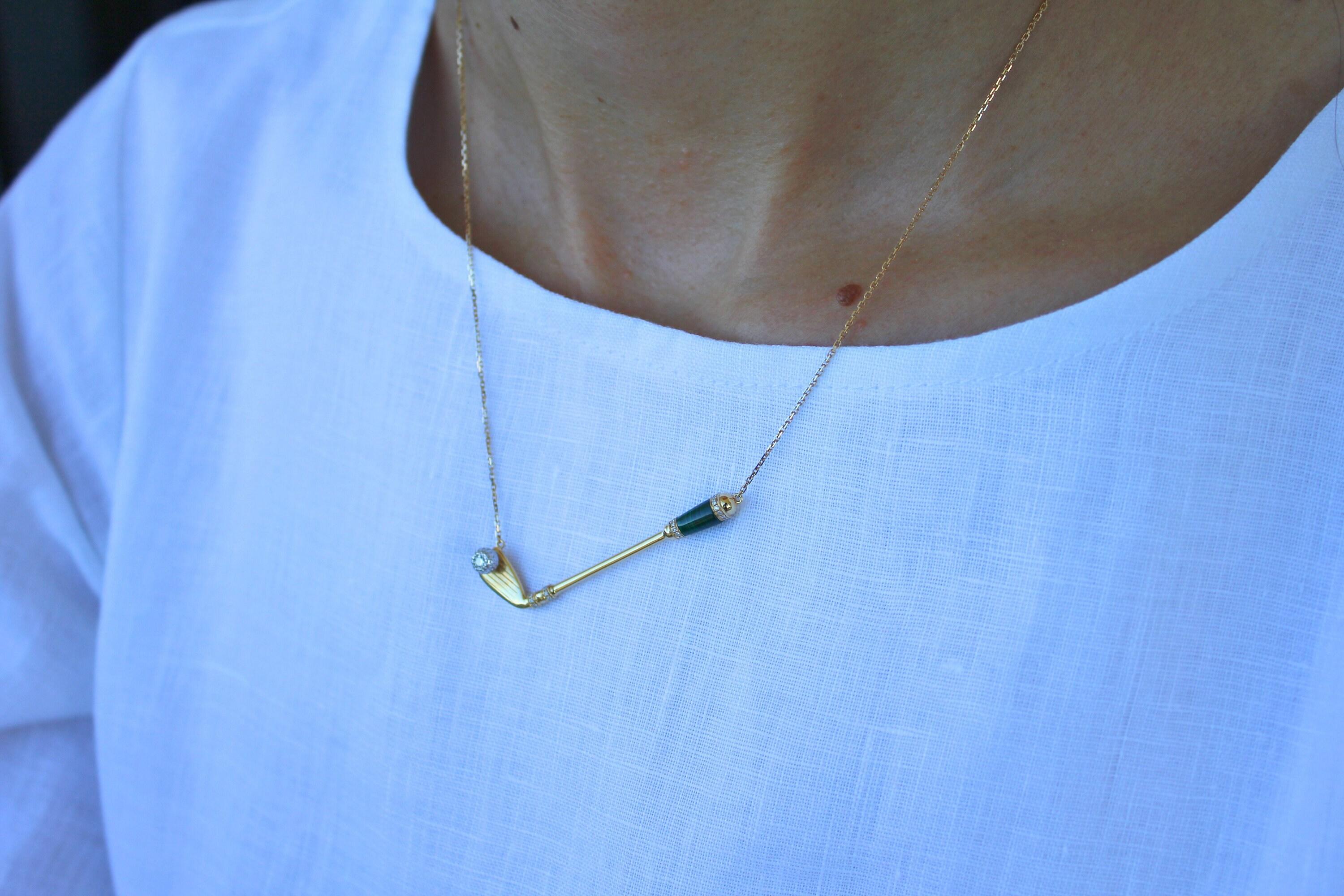 Diamond Green Malachite Golf Club Birdie Jewelry 18 Karat White Gold Charm Penda