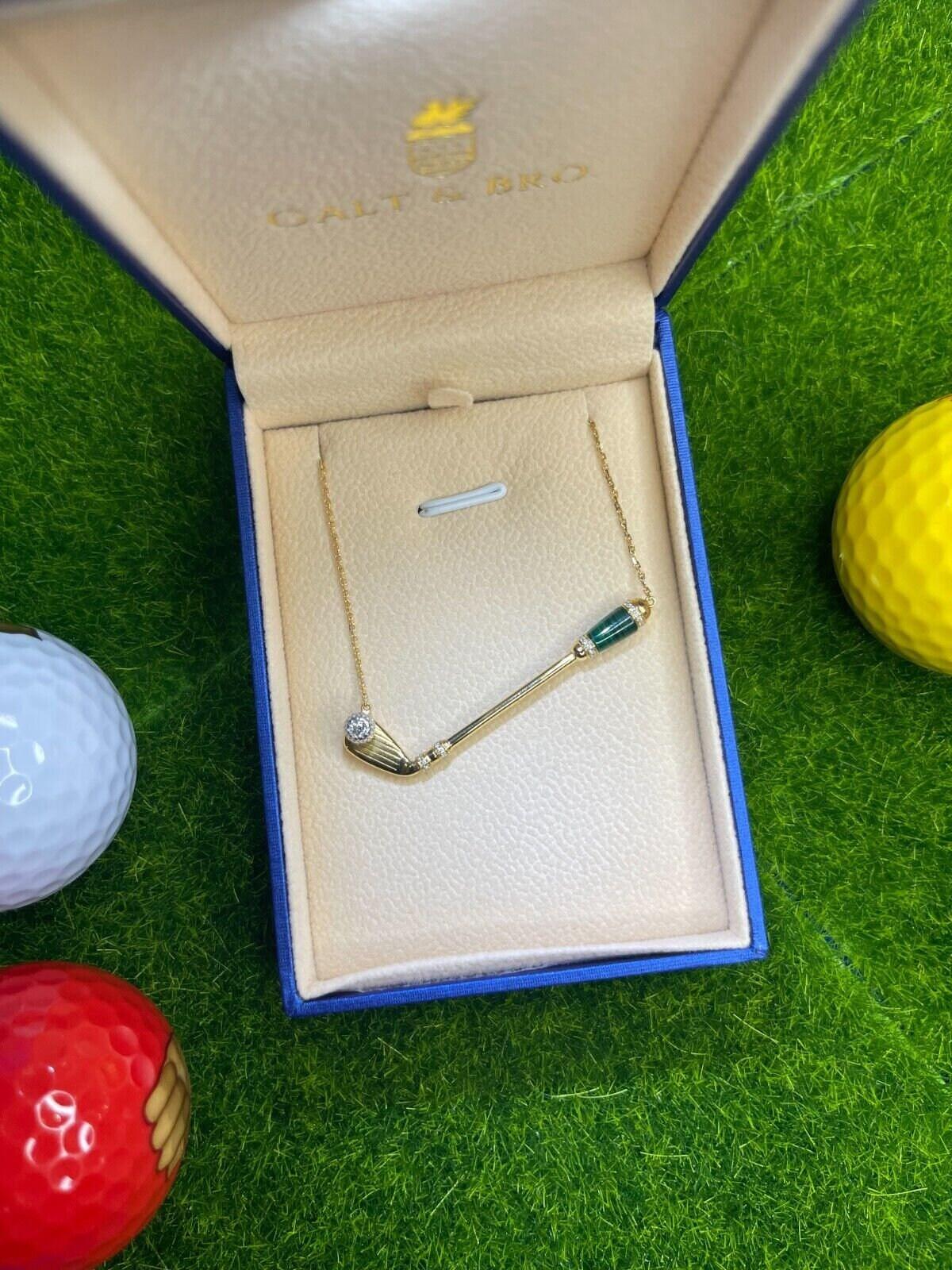 Diamond Green Malachite Golf Club Birdie Jewelry 18 Karat White Gold Charm Penda