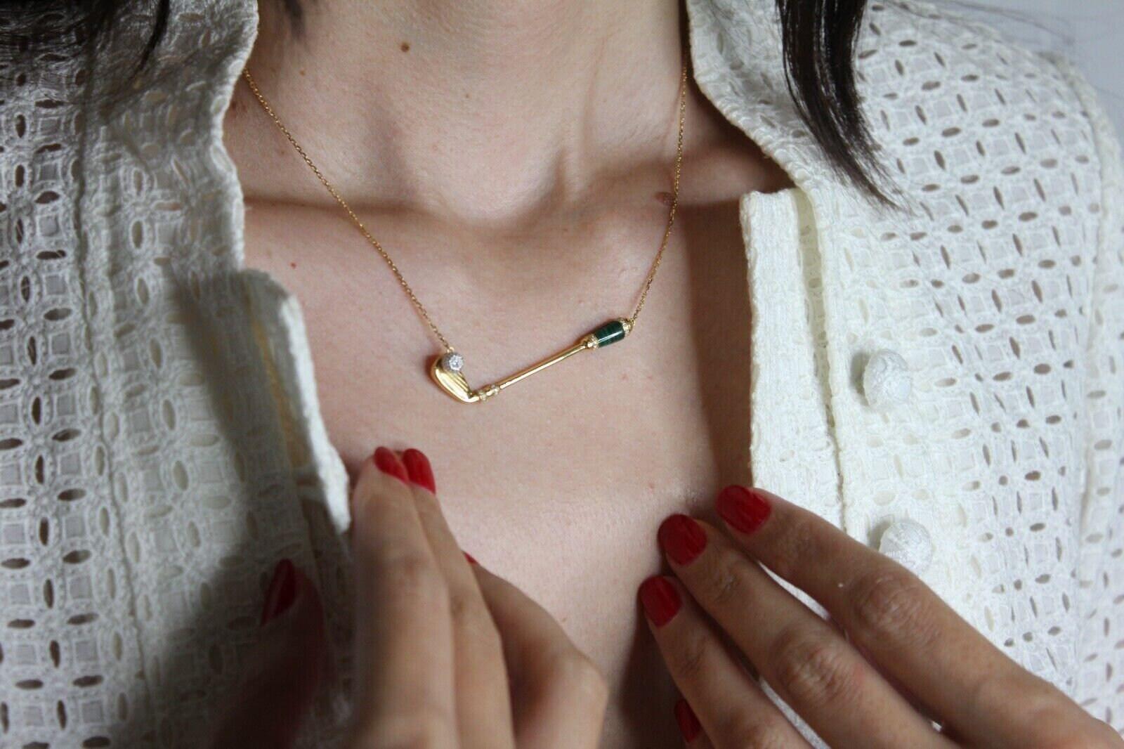 Diamond Green Malachite Golf Club Birdie Jewelry 18 Karat White Gold Charm Penda