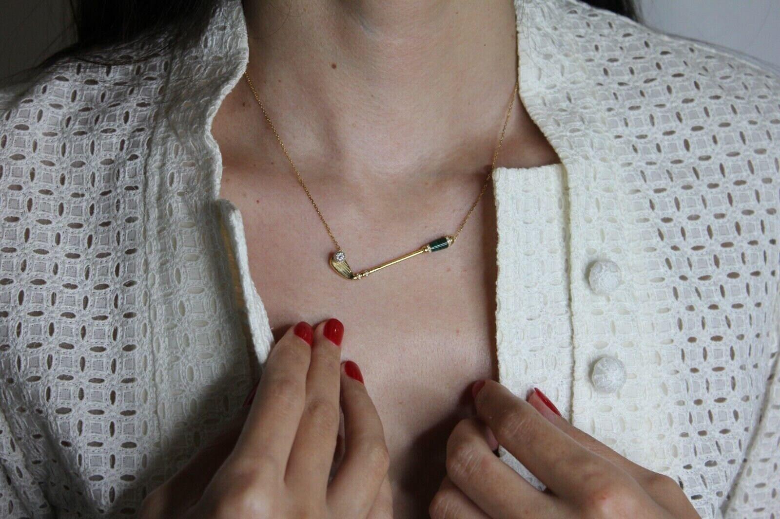 Diamond Green Malachite Golf Club Birdie Jewelry 18 Karat White Gold Charm Penda