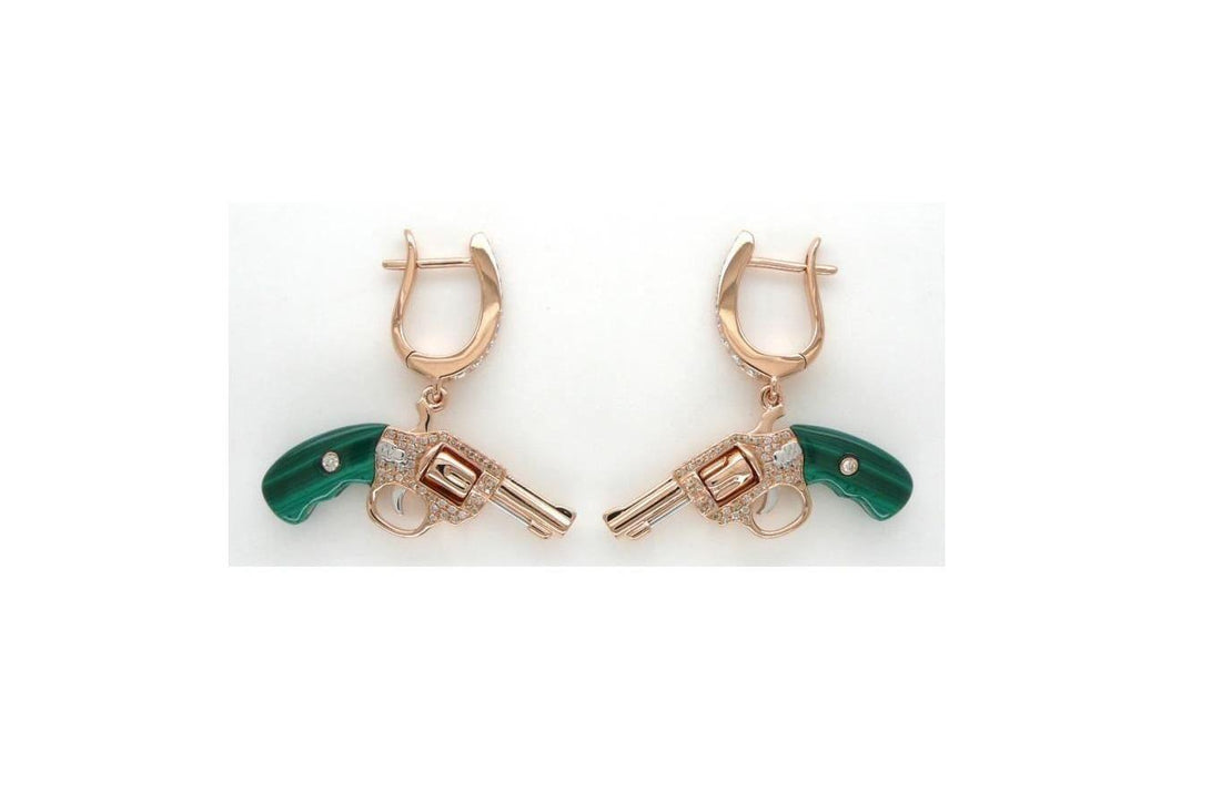 Diamond Green Malachite Gun Revolver 18 Kara Rose Gold Huggie Pave Drop Earrings