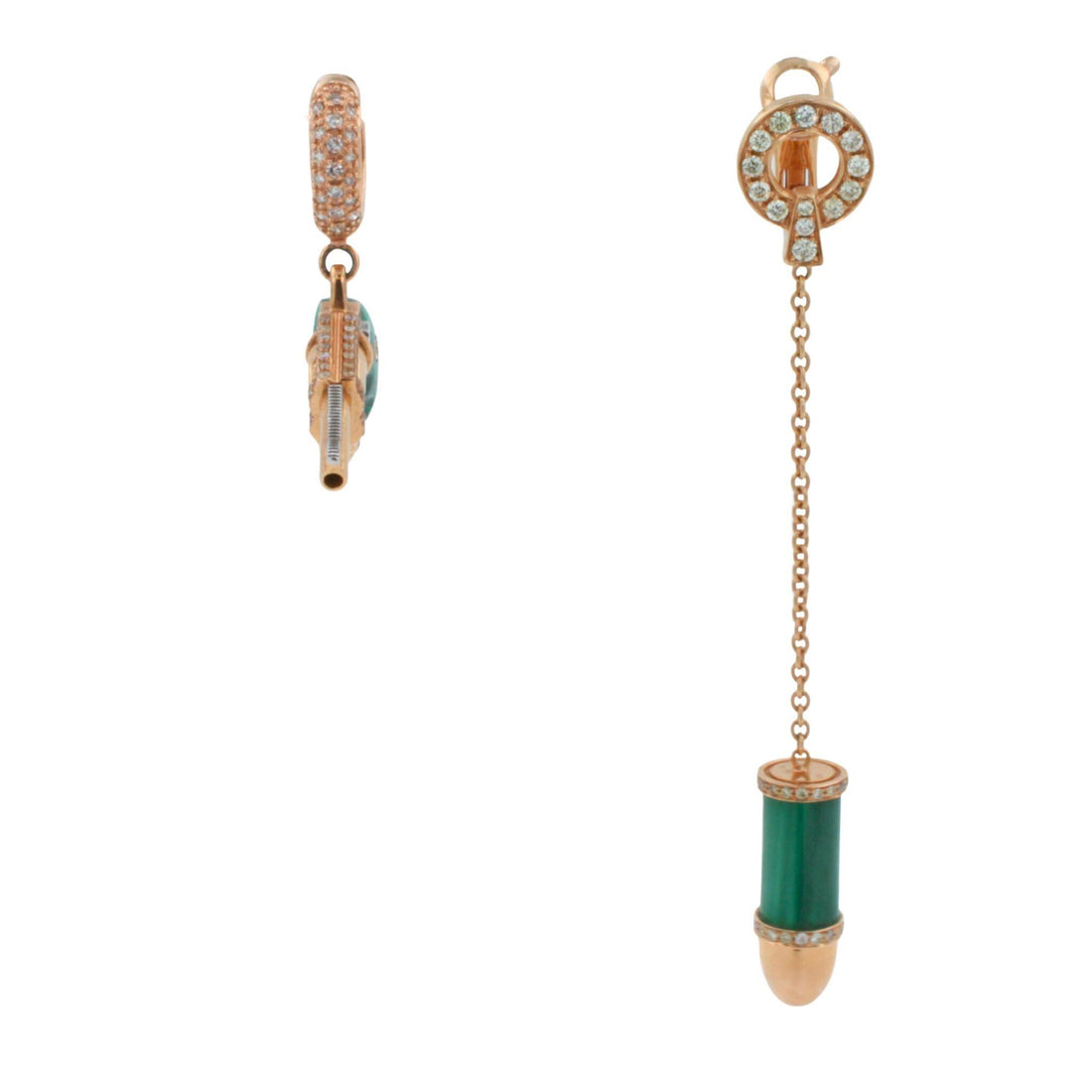 Diamond Green Malachite Gun Revolver 18 Karat Rose Gold Huggie Pave Drop Earring