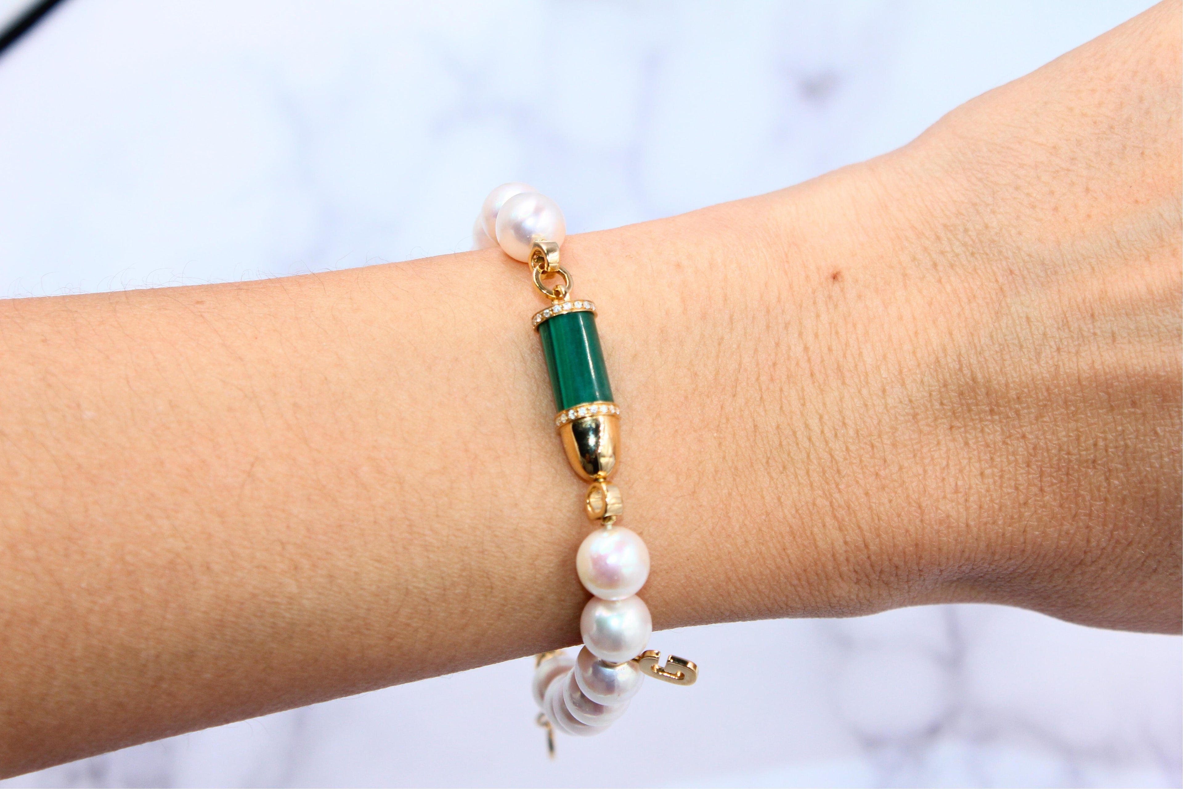 Diamond Green Malachite Pave Rocket Bullet Gold South Sea Pearl Chain Bracelet