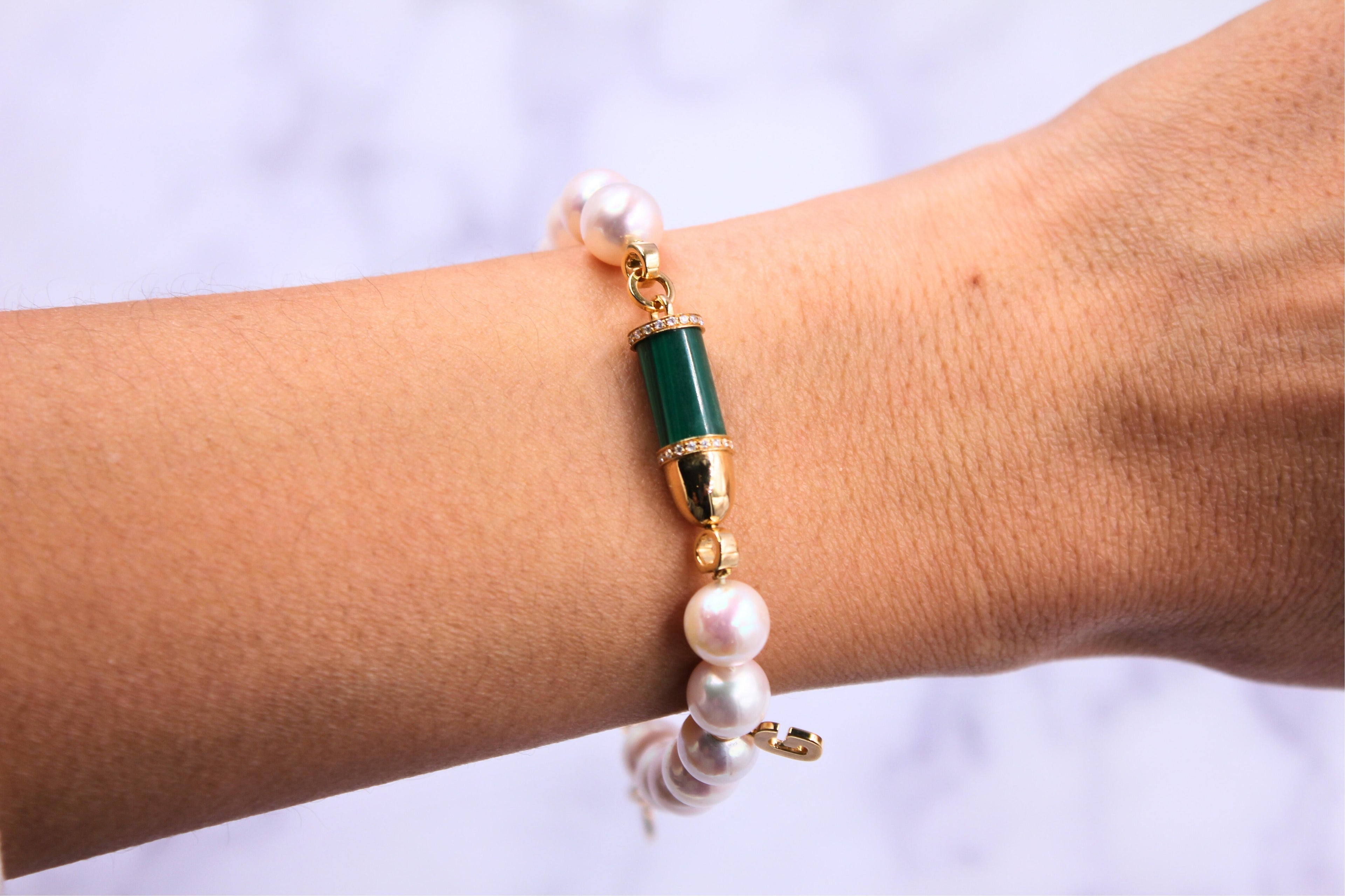 Diamond Green Malachite Pave Rocket Bullet Gold South Sea Pearl Chain Bracelet