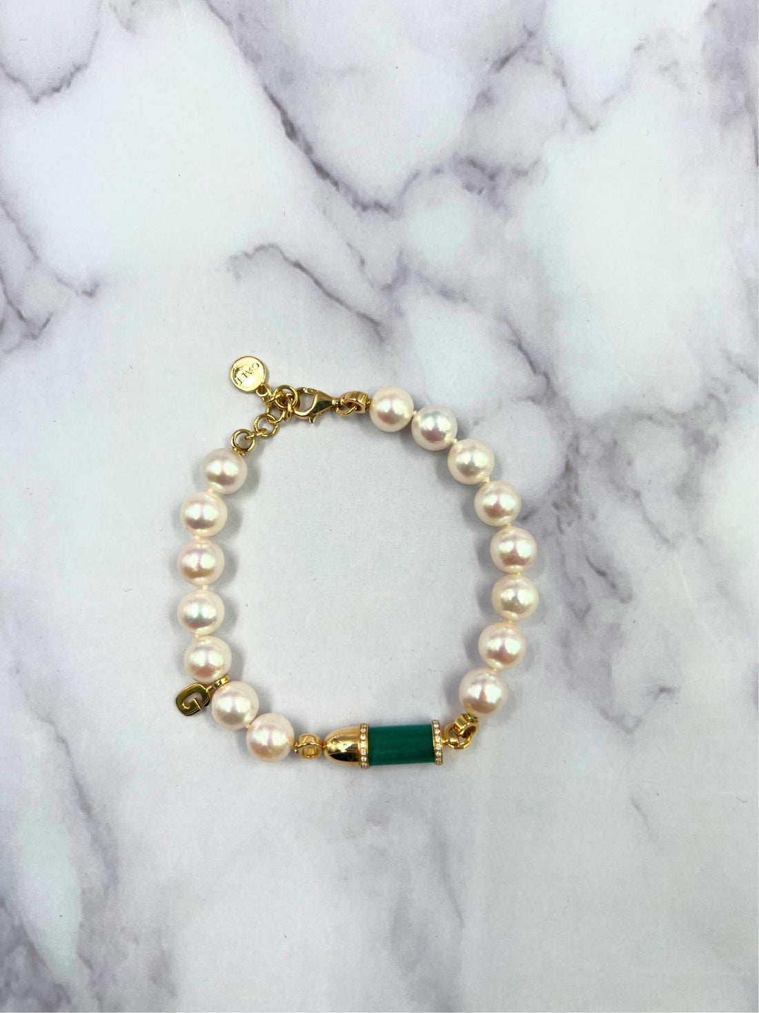 Diamond Green Malachite Pave Rocket Bullet Gold South Sea Pearl Chain Bracelet