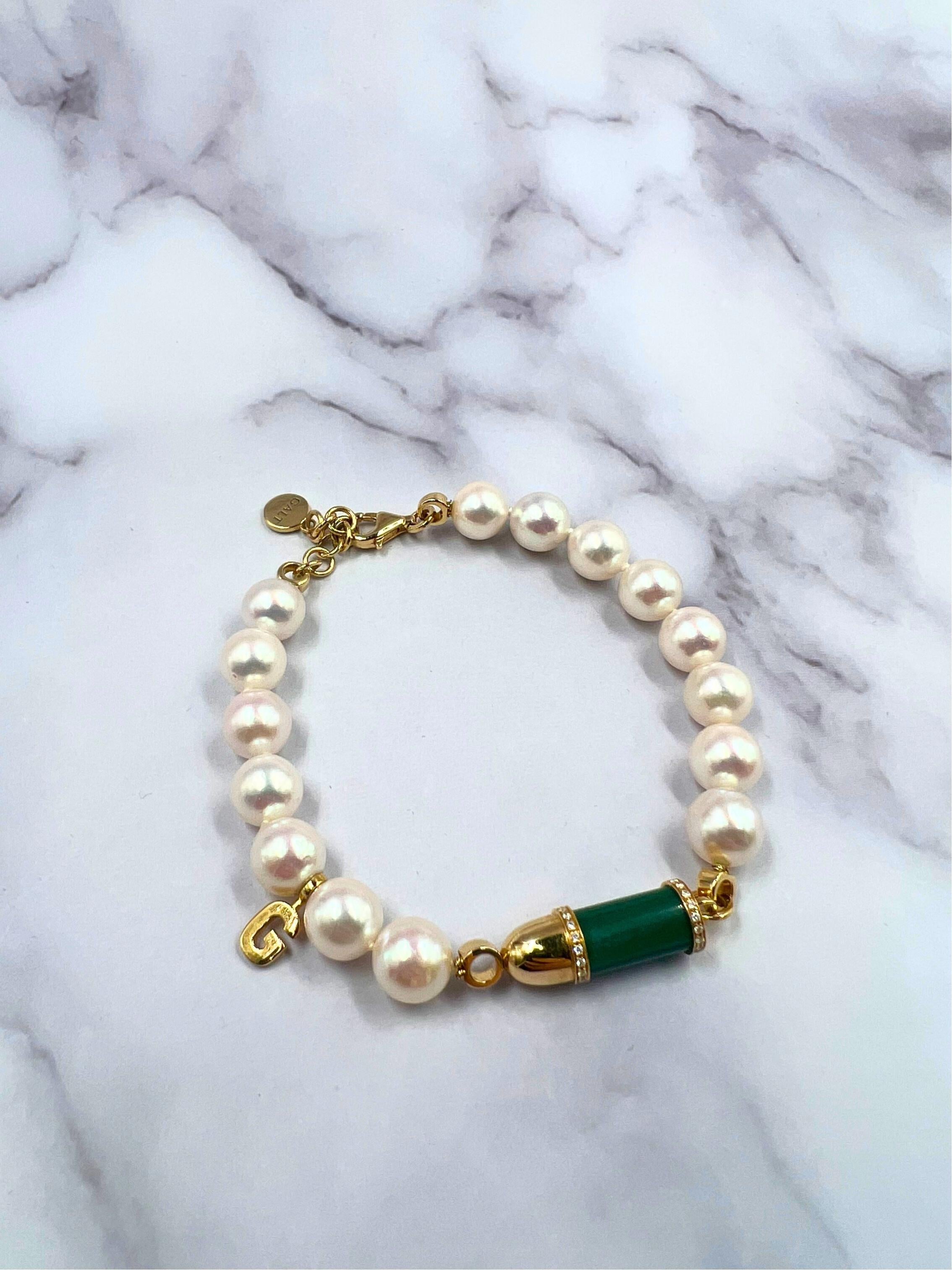 Diamond Green Malachite Pave Rocket Bullet Gold South Sea Pearl Chain Bracelet