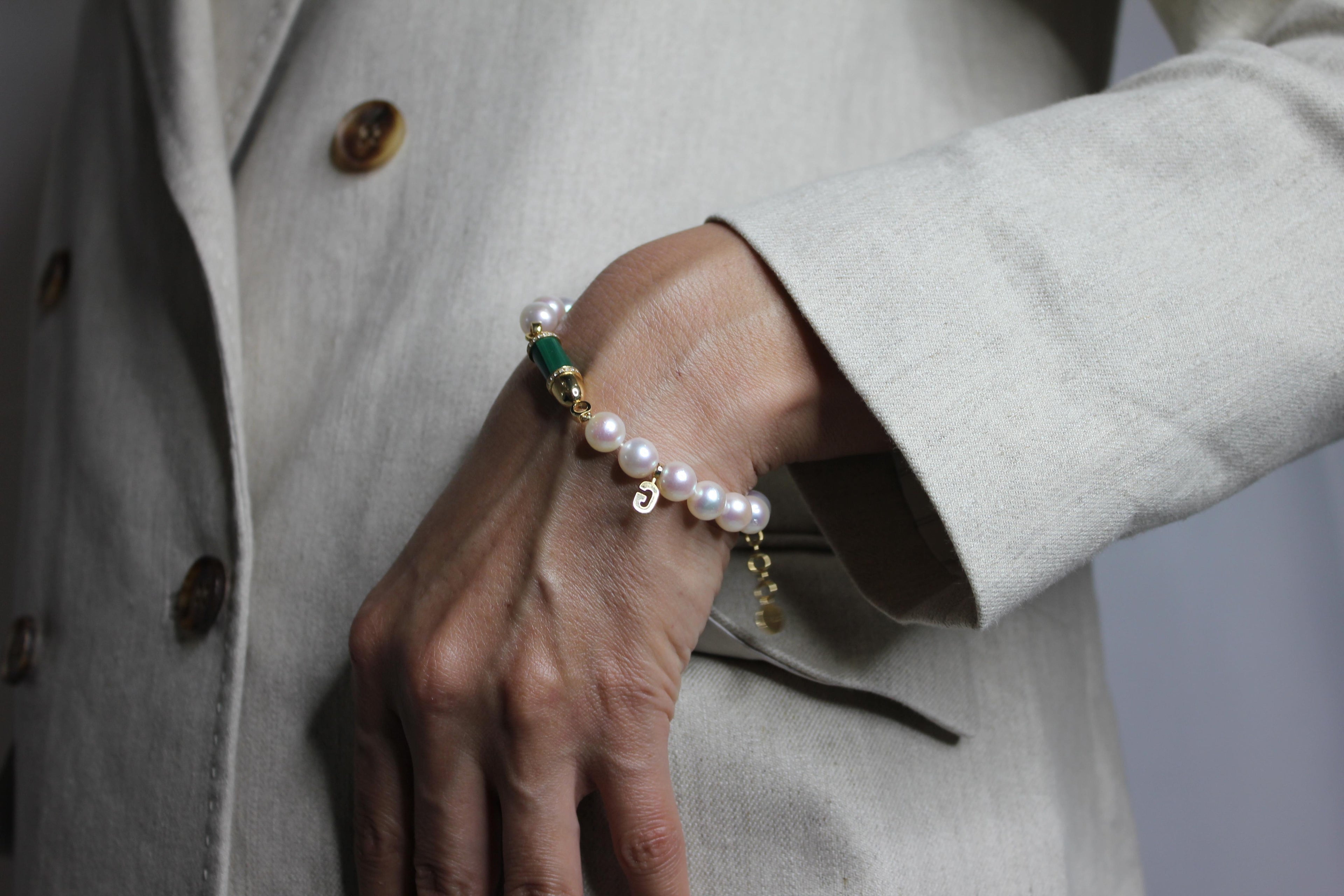 Diamond Green Malachite Pave Rocket Bullet Gold South Sea Pearl Chain Bracelet