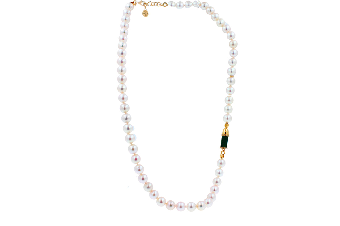 Diamond Green Malachite Pave Rocket Bullet Gold South Sea Pearl Chain Necklace