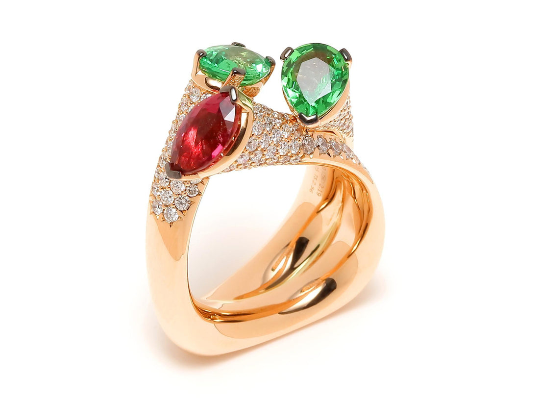 Diamond Green Tsavorite Rubellite Pink Tourmaline Cocktail 18 Karat Gold Ring