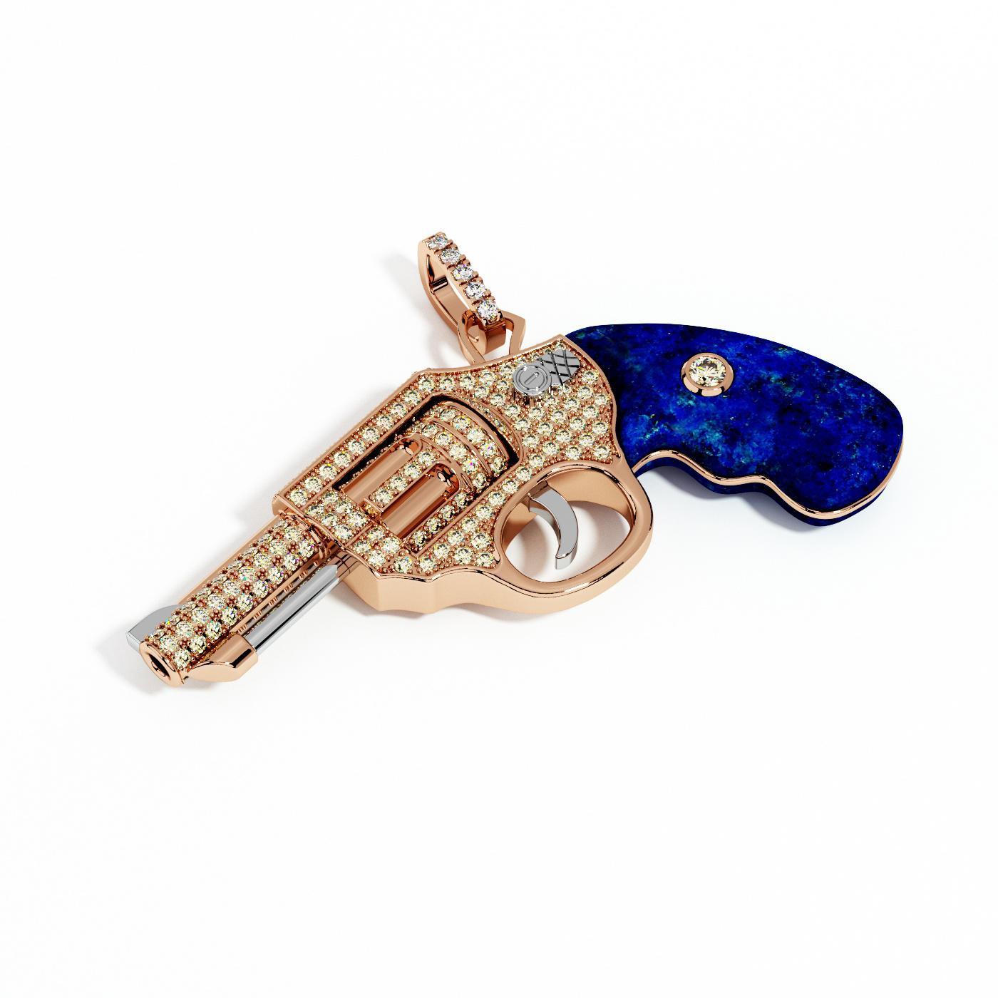 Diamond Gun Revolver Blue Lapis Lazuli 18 Karat Rose Gold Necklace Pendant Charm
