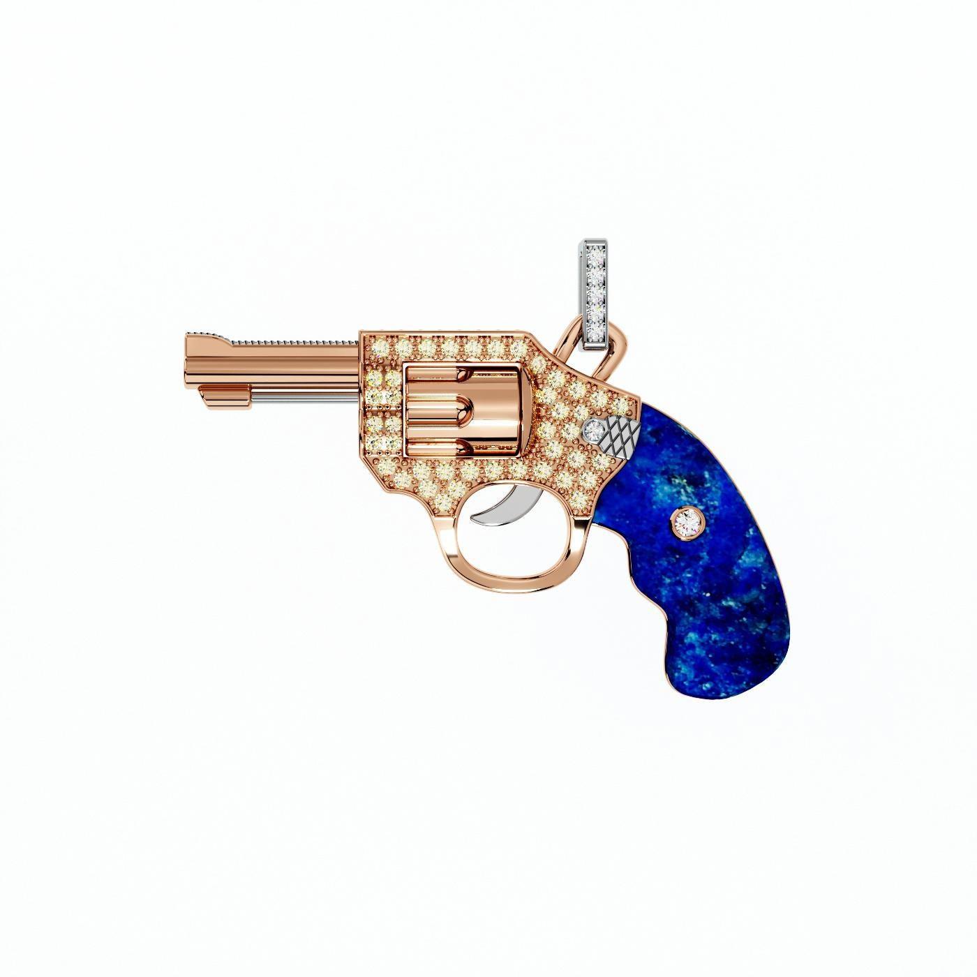 Diamond Gun Revolver Lapis Lazuli Gem 18 Karat Rose Gold Necklace Pendant Charm