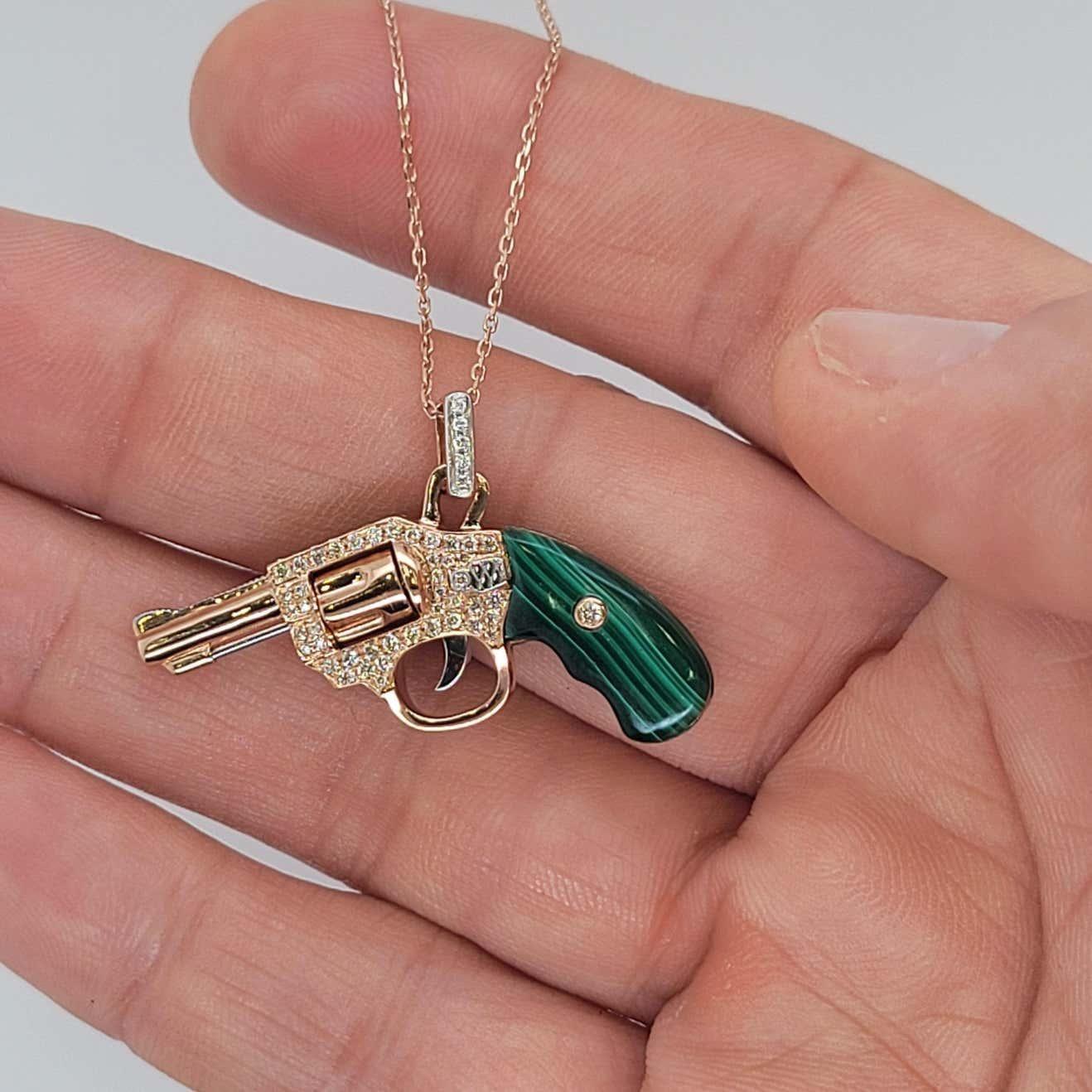 Diamond Gun Revolver Malachite Gem 18 Karat Rose Gold Necklace Pendant Charm