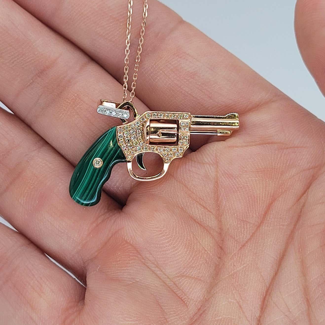 Diamond Gun Revolver Malachite Gem 18 Karat Rose Gold Necklace Pendant Charm