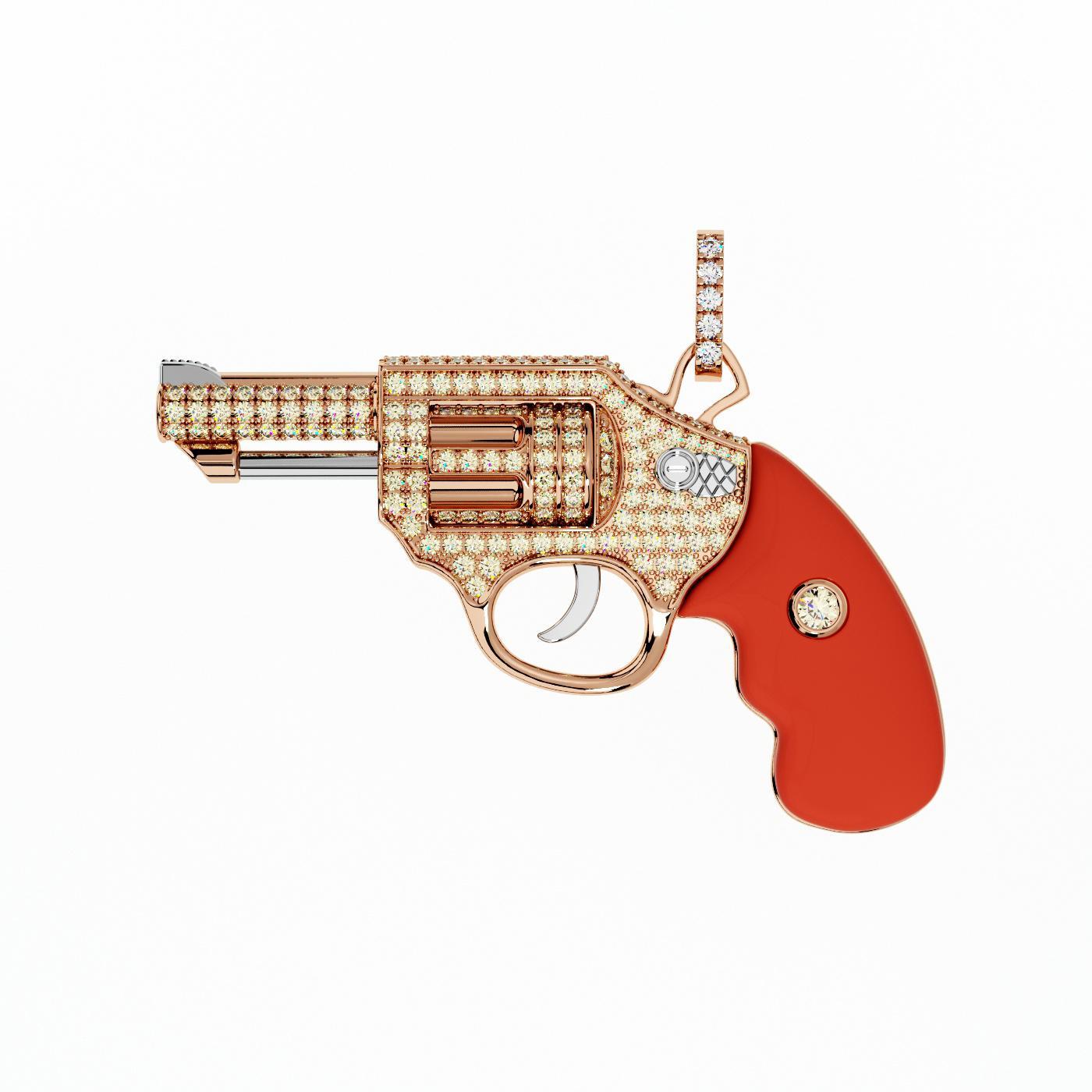 Diamond Gun Revolver Red Carnelian Gem 18 Karat Rose Gold Necklace Pendant Charm
