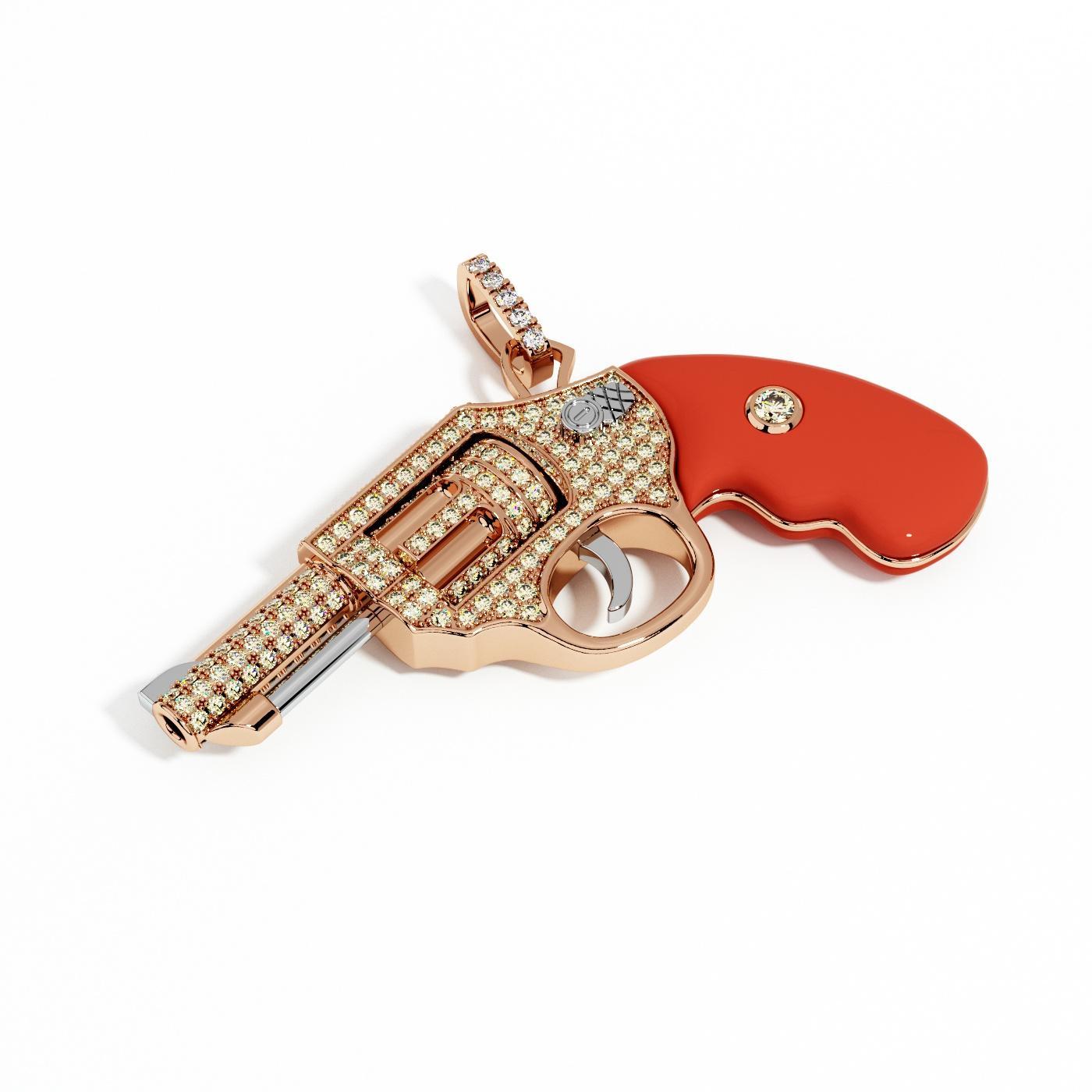 Diamond Gun Revolver Red Carnelian Gem 18 Karat Rose Gold Necklace Pendant Charm