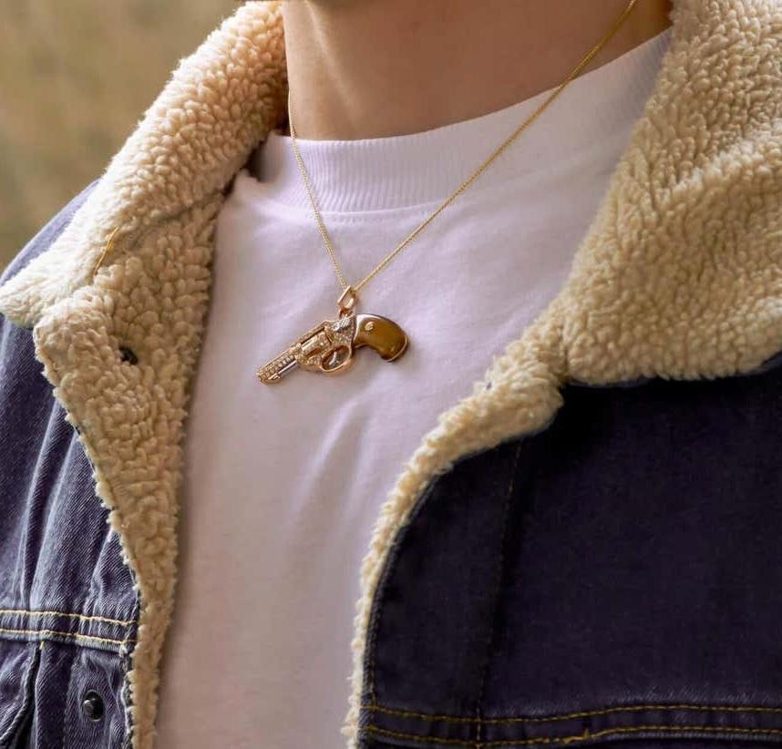 Diamond Gun Revolver Red Carnelian Gem 18 Karat Rose Gold Necklace Pendant Charm