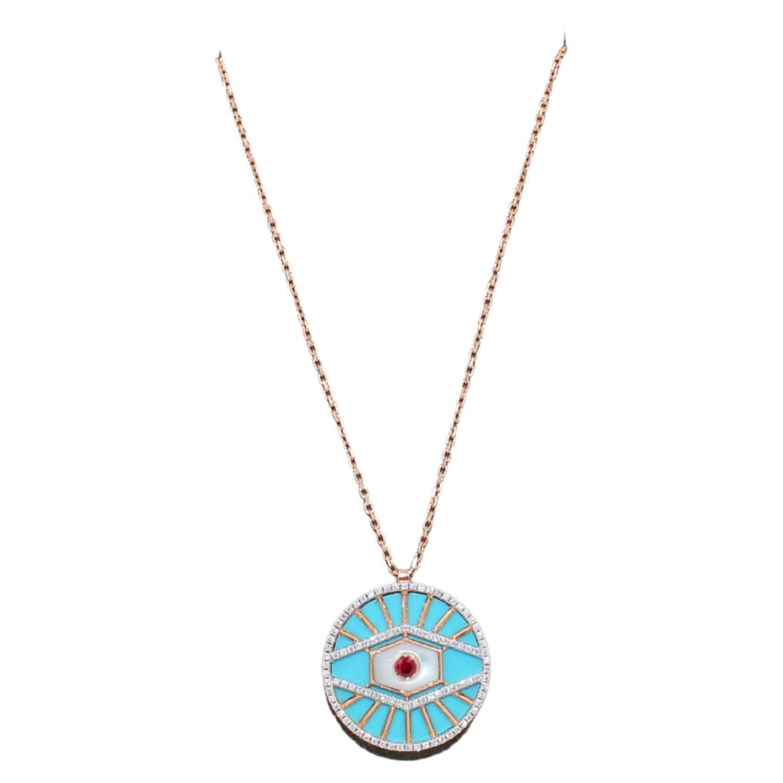 Diamond Halo Evil Eye Turquoise 18K Rose Gold Pendant Charm Medallion Necklace